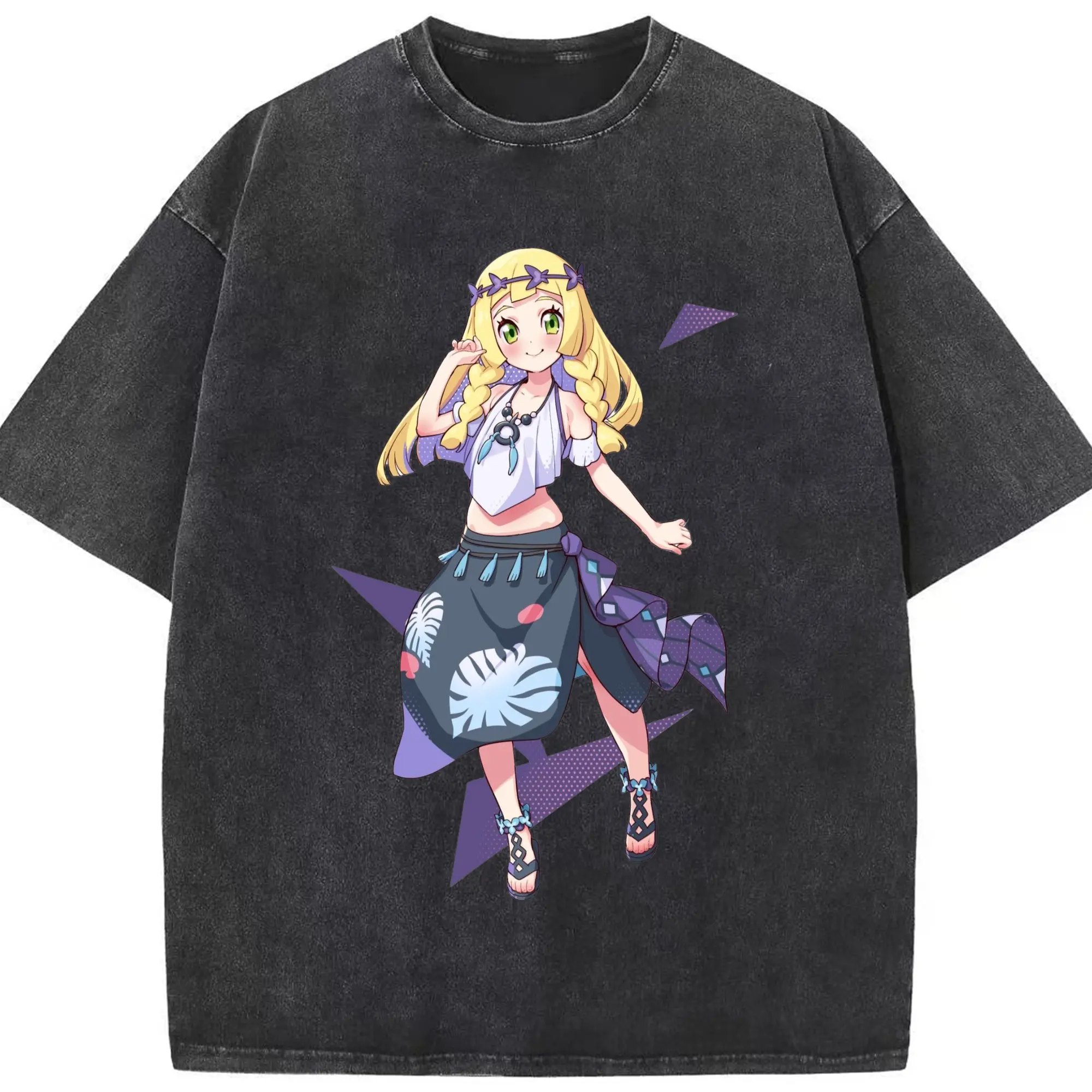 Lillie Pokemon art Tee - Washed Vintage Look 230g Cotton Oversized T-Shirt With Front Heat Transfer Print – Soft, Lightweight, Stylish Fit – Comfortable Casual Wear For Sports & Everyday Use