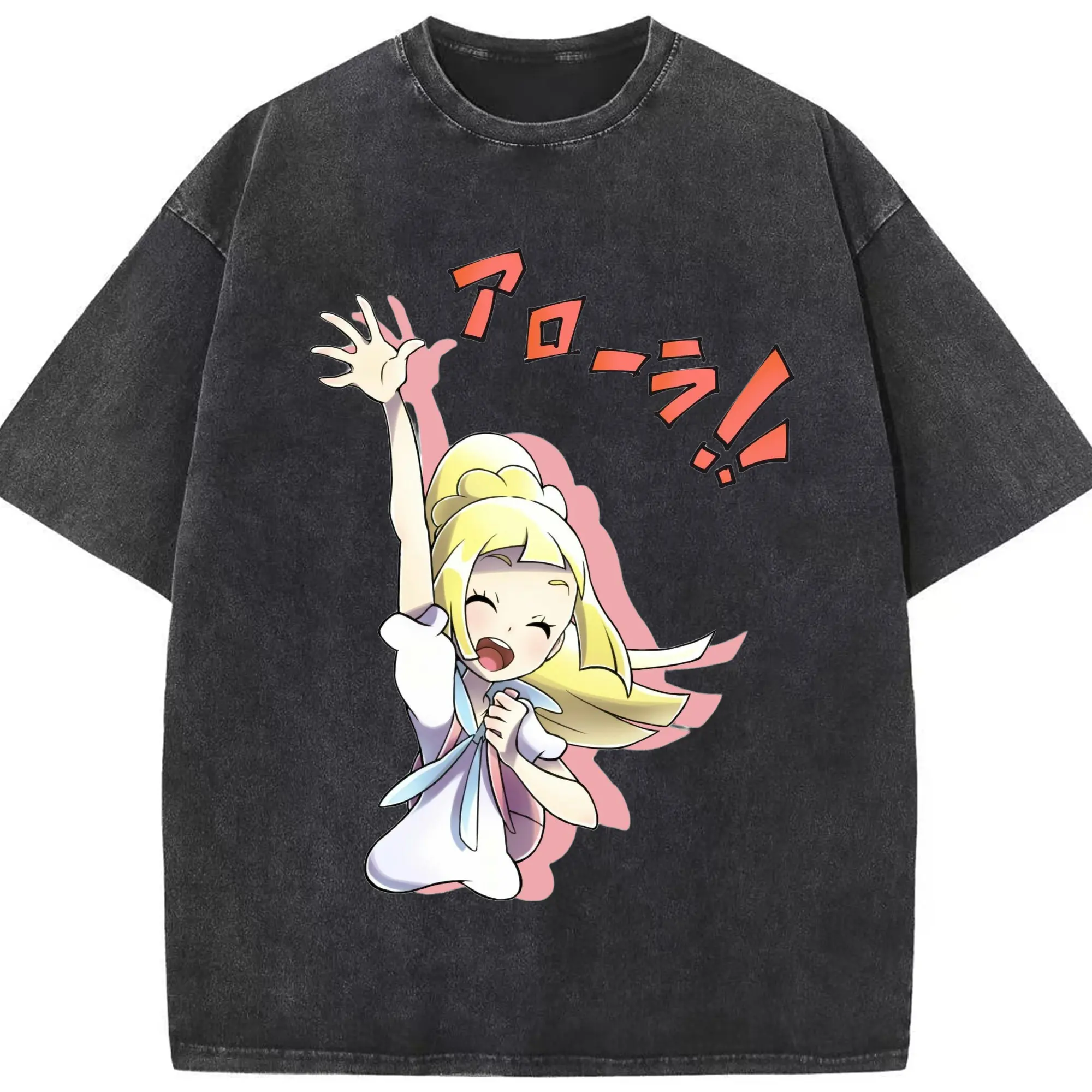 Lillie Pokemon classic Tee - Washed Vintage Look 230g Cotton Oversized T-Shirt With Front Heat Transfer Print – Soft, Lightweight, Stylish Fit – Comfortable Casual Wear For Sports & Everyday Use