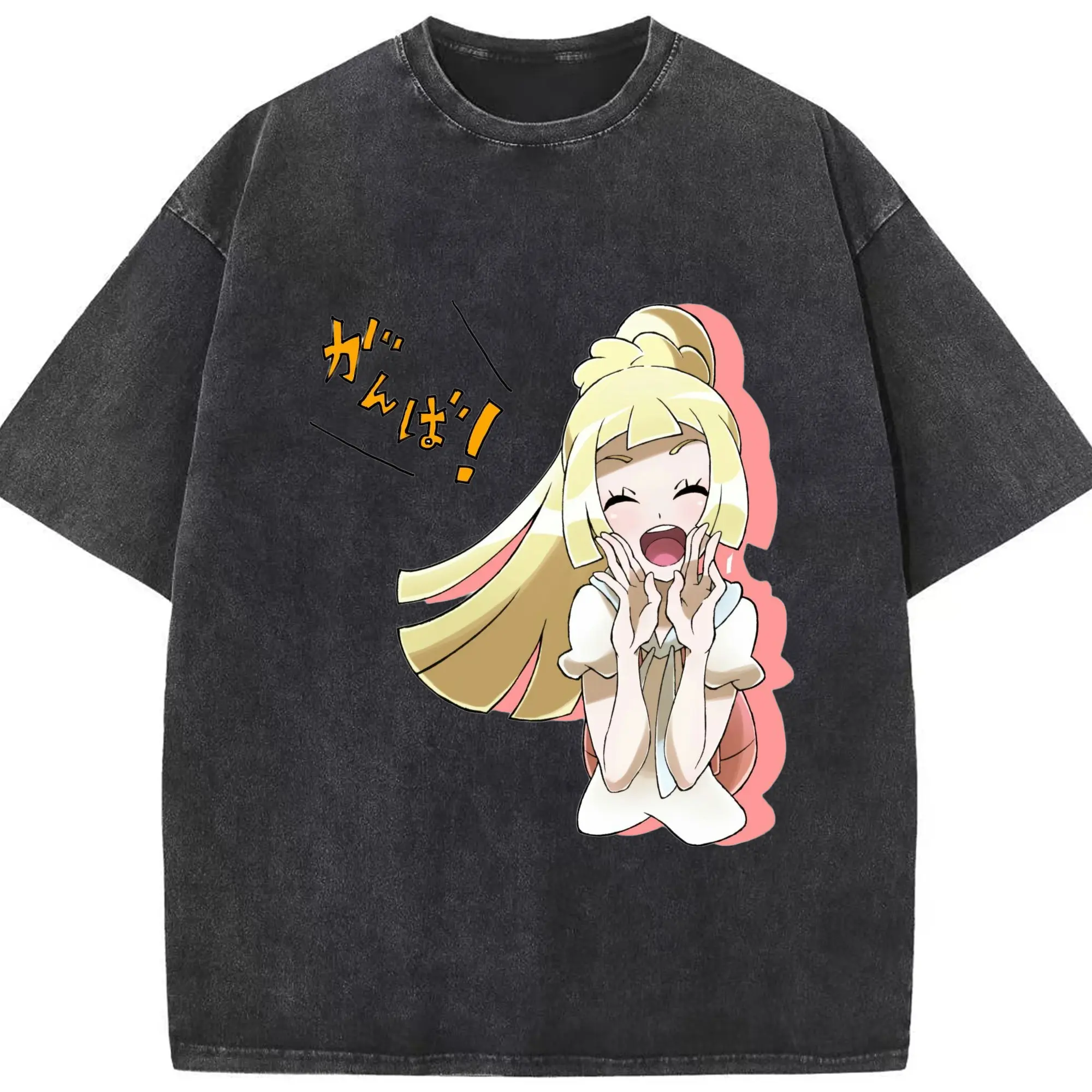 Lillie Pokemon graphic tee - Washed Vintage Look 230g Cotton Oversized T-Shirt With Front Heat Transfer Print – Soft, Lightweight, Stylish Fit – Comfortable Casual Wear For Sports & Everyday Use