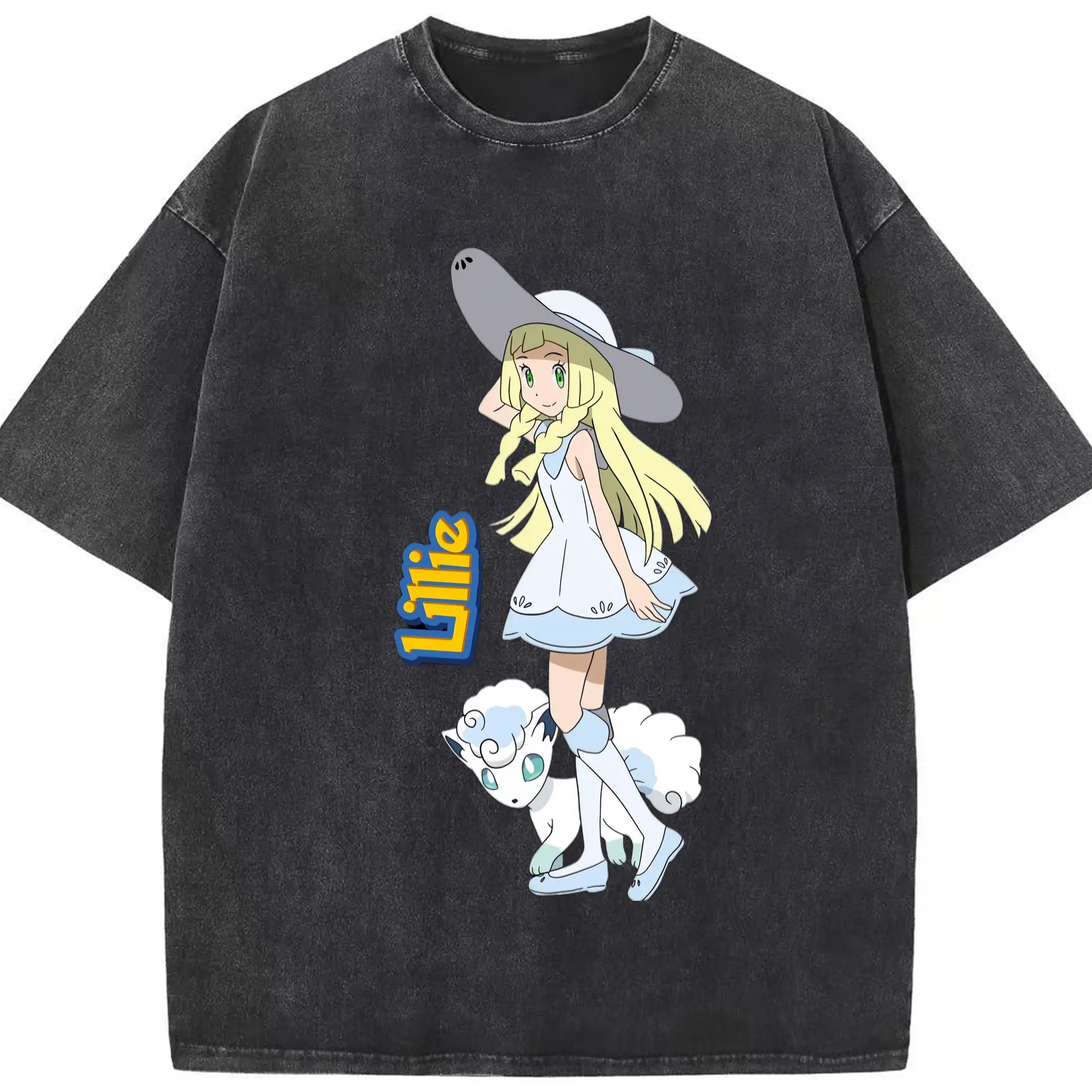 Lillie Pokemon graphic t-shirt - Washed Vintage Look 230g Cotton Oversized T-Shirt With Front Heat Transfer Print – Soft, Lightweight, Stylish Fit – Comfortable Casual Wear For Sports & Everyday Use