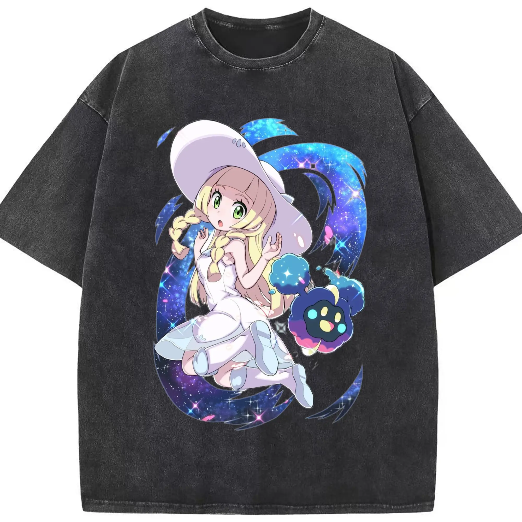 Lillie Pokemon Tee - Washed Vintage Look 230g Cotton Oversized T-Shirt With Front Heat Transfer Print – Soft, Lightweight, Stylish Fit – Comfortable Casual Wear For Sports & Everyday Use