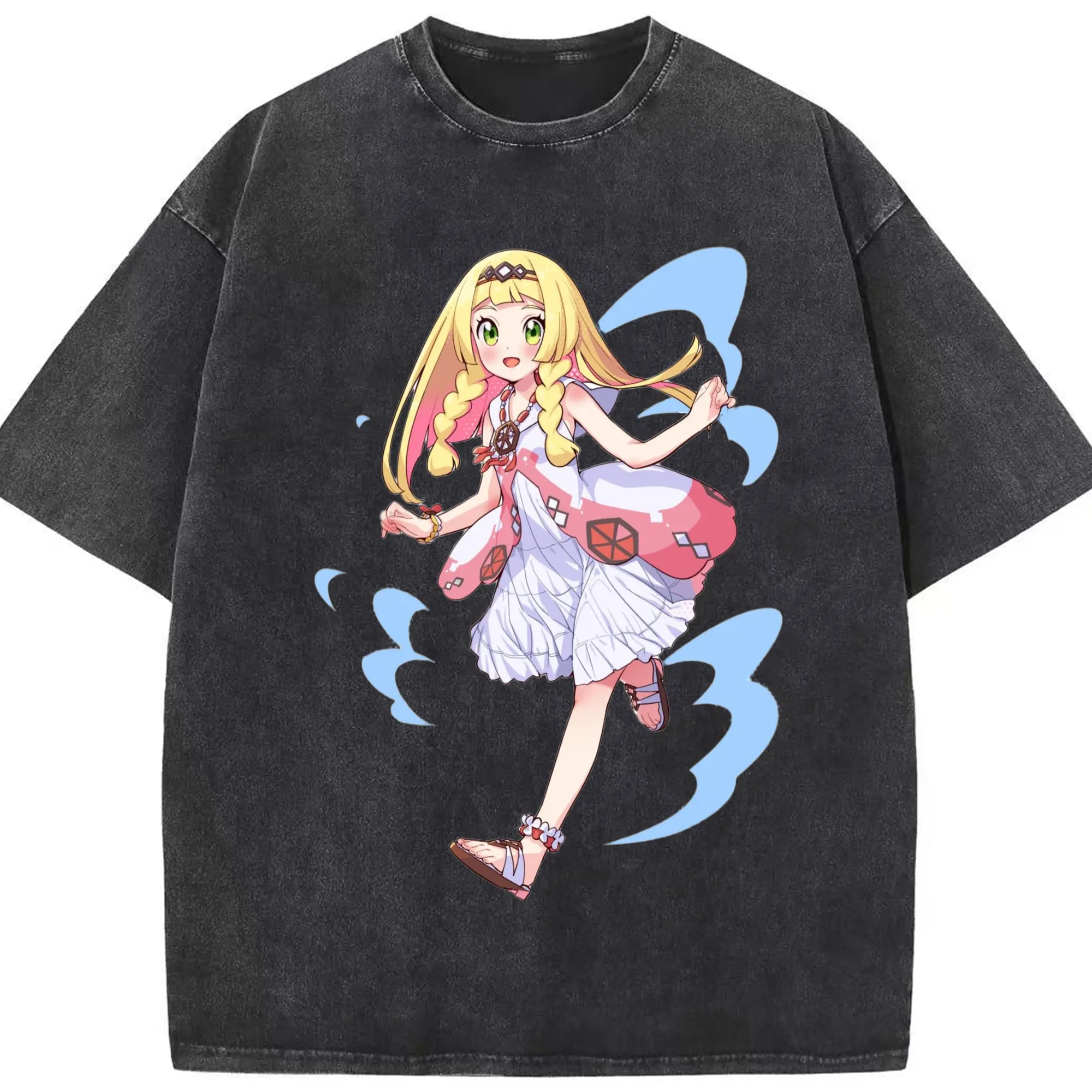 Pokemon Lillie T-Shirts - Washed Vintage Look 230g Cotton Oversized T-Shirt With Front Heat Transfer Print – Soft, Lightweight, Stylish Fit – Comfortable Casual Wear For Sports & Everyday Use