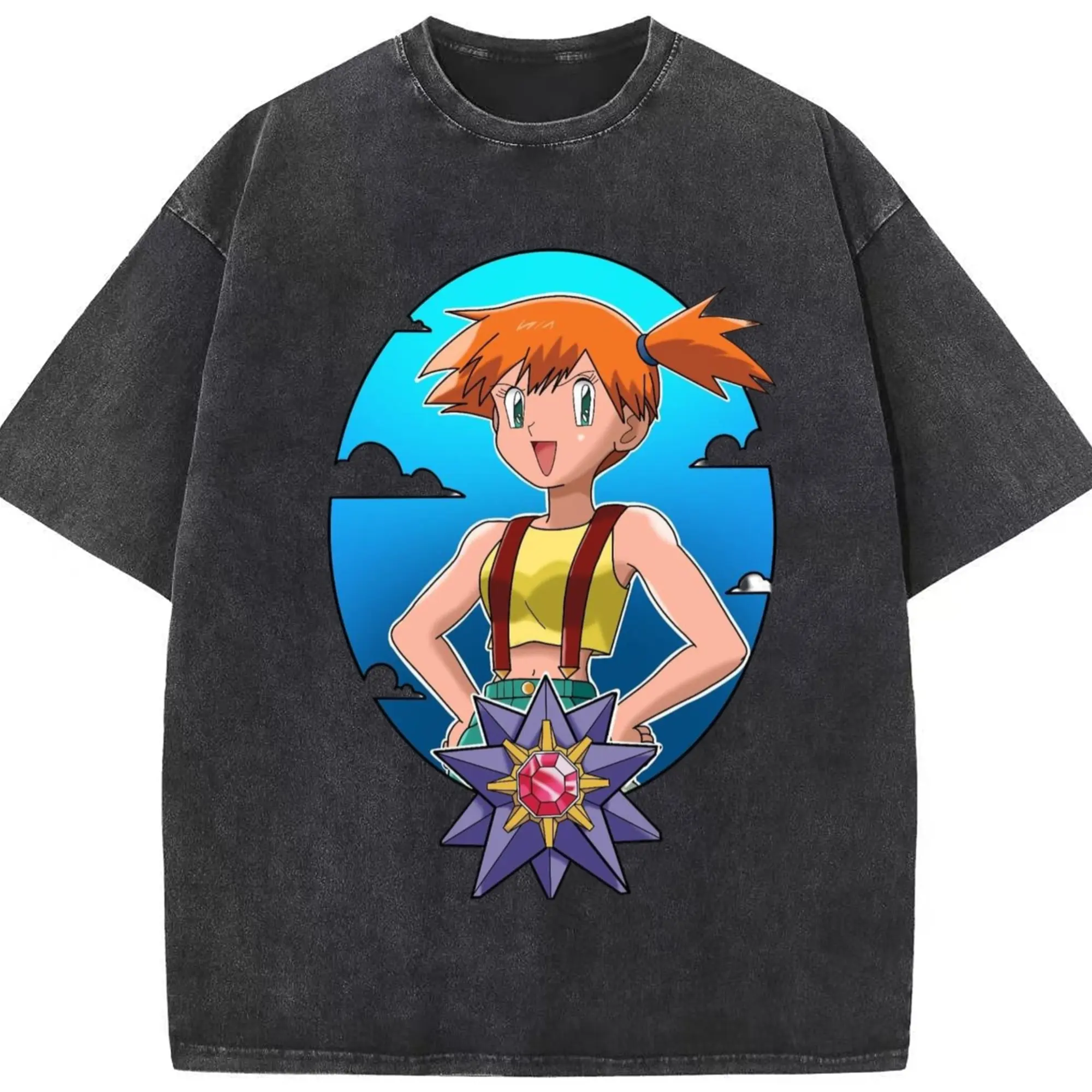 Misty pokemon graphic shirt​ - Washed Vintage Look 230g Cotton Oversized T-Shirt With Front Heat Transfer Print – Soft, Lightweight, Stylish Fit – Comfortable Casual Wear For Sports & Everyday Use