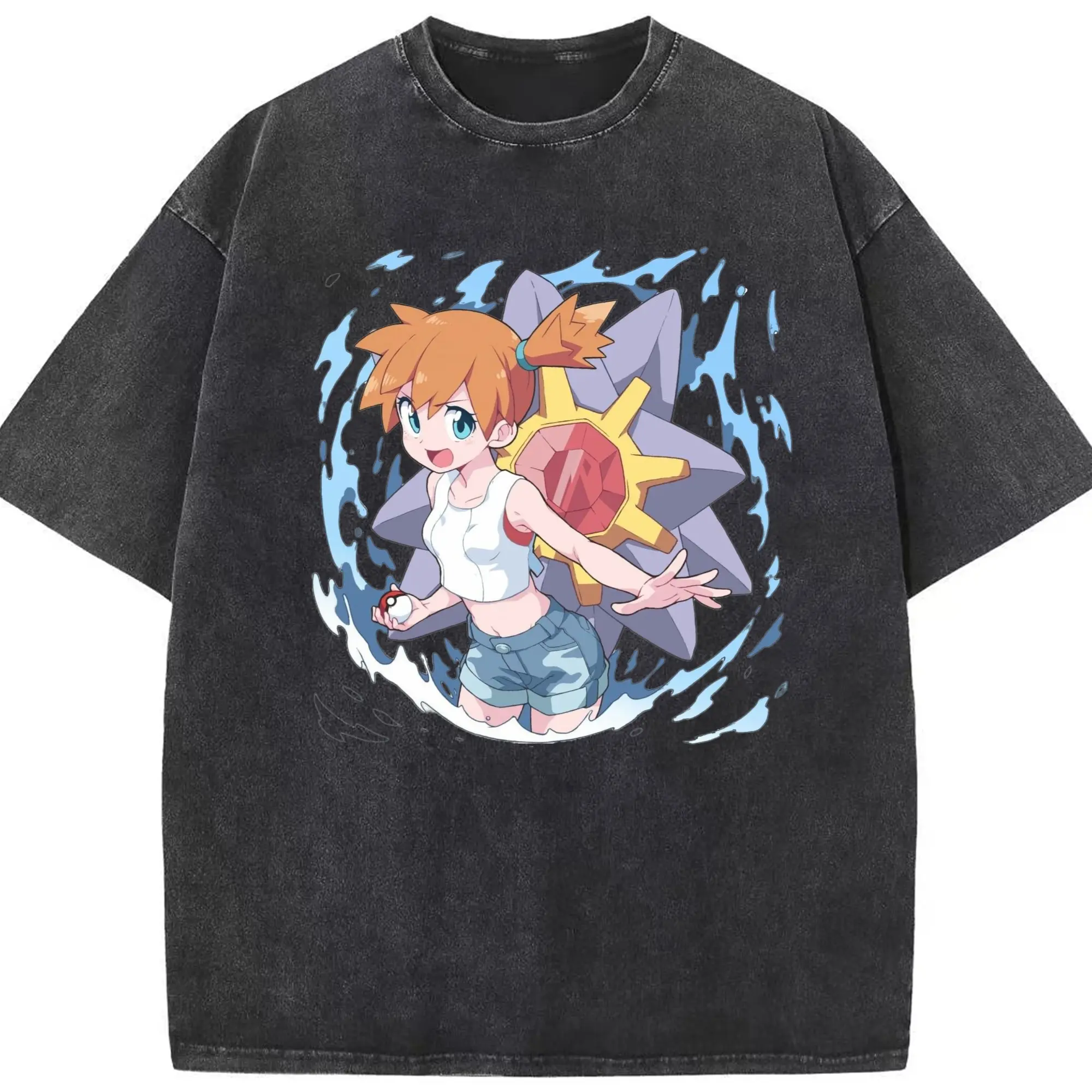 Misty pokemon graphic tee - Washed Vintage Look 230g Cotton Oversized T-Shirt With Front Heat Transfer Print – Soft, Lightweight, Stylish Fit – Comfortable Casual Wear For Sports & Everyday Use