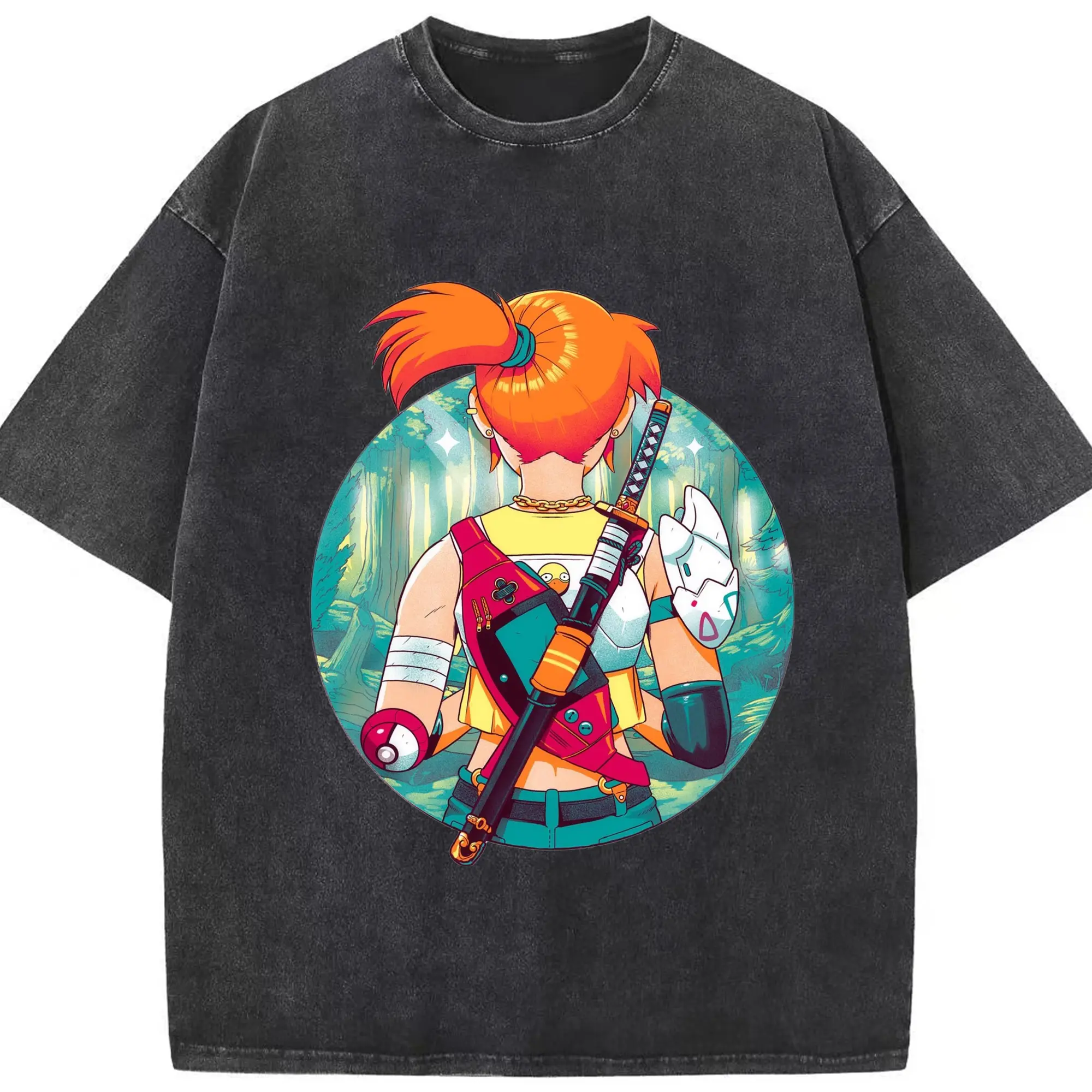 Misty Pokemon T-Shirts - Washed Vintage Look 230g Cotton Oversized T-Shirt With Front Heat Transfer Print – Soft, Lightweight, Stylish Fit – Comfortable Casual Wear For Sports & Everyday Use