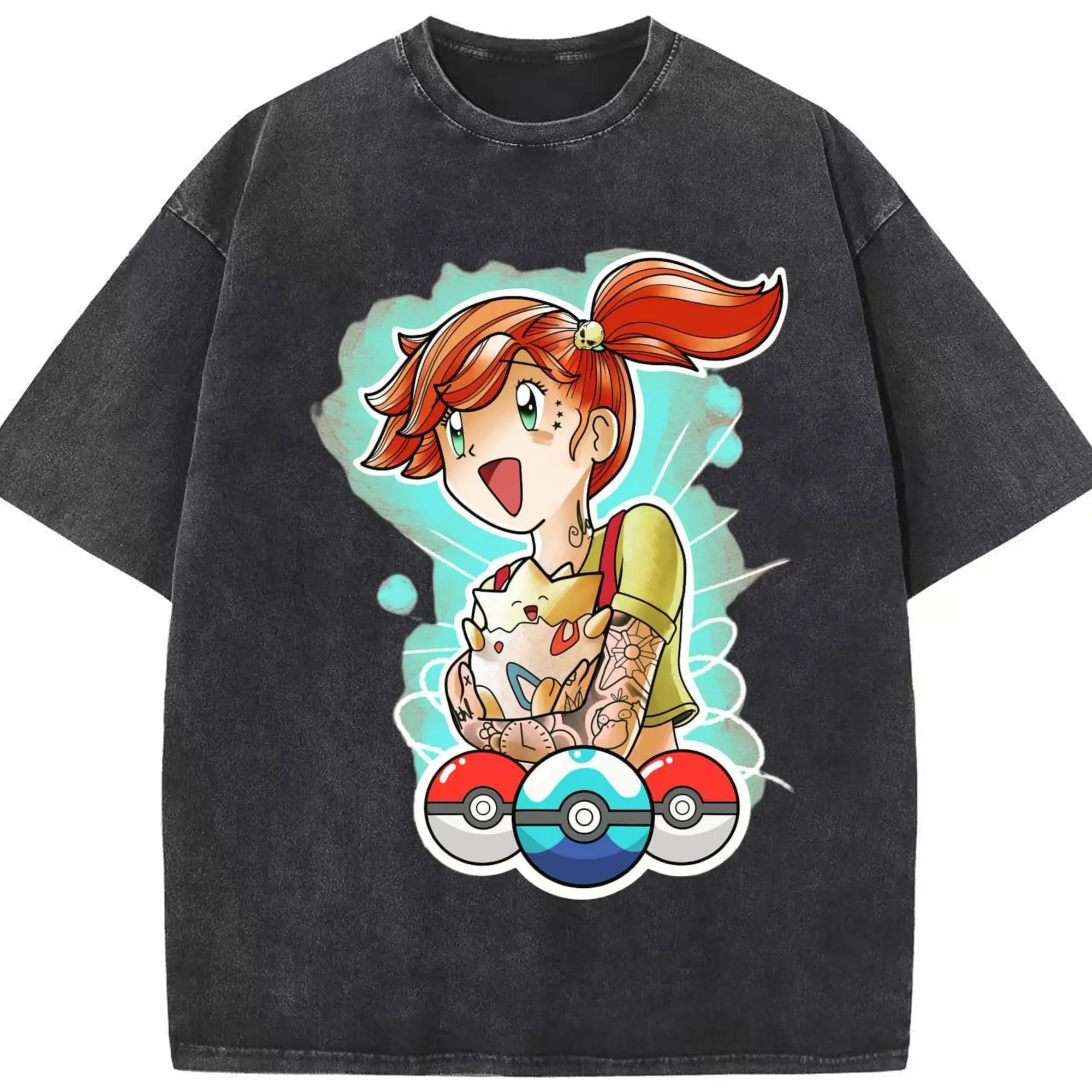 Women's pokemon misty tee - Washed Vintage Look 230g Cotton Oversized T-Shirt With Front Heat Transfer Print – Soft, Lightweight, Stylish Fit – Comfortable Casual Wear For Sports & Everyday Use