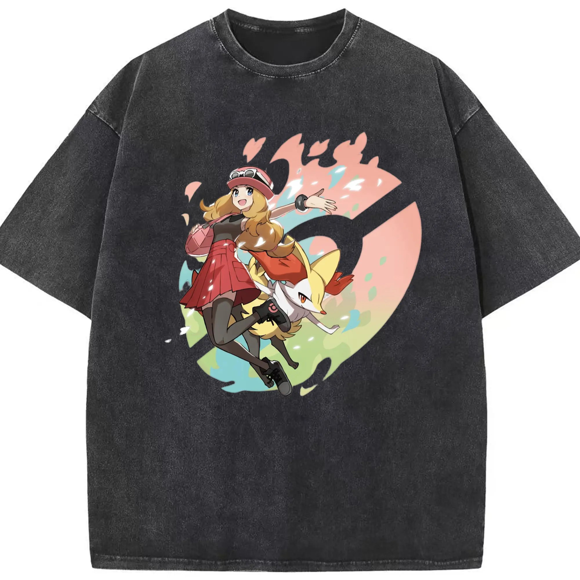 Pokemon Serena graphic T-Shirts - Washed Vintage Look 230g Cotton Oversized T-Shirt With Front Heat Transfer Print – Soft, Lightweight, Stylish Fit – Comfortable Casual Wear For Sports & Everyday Use