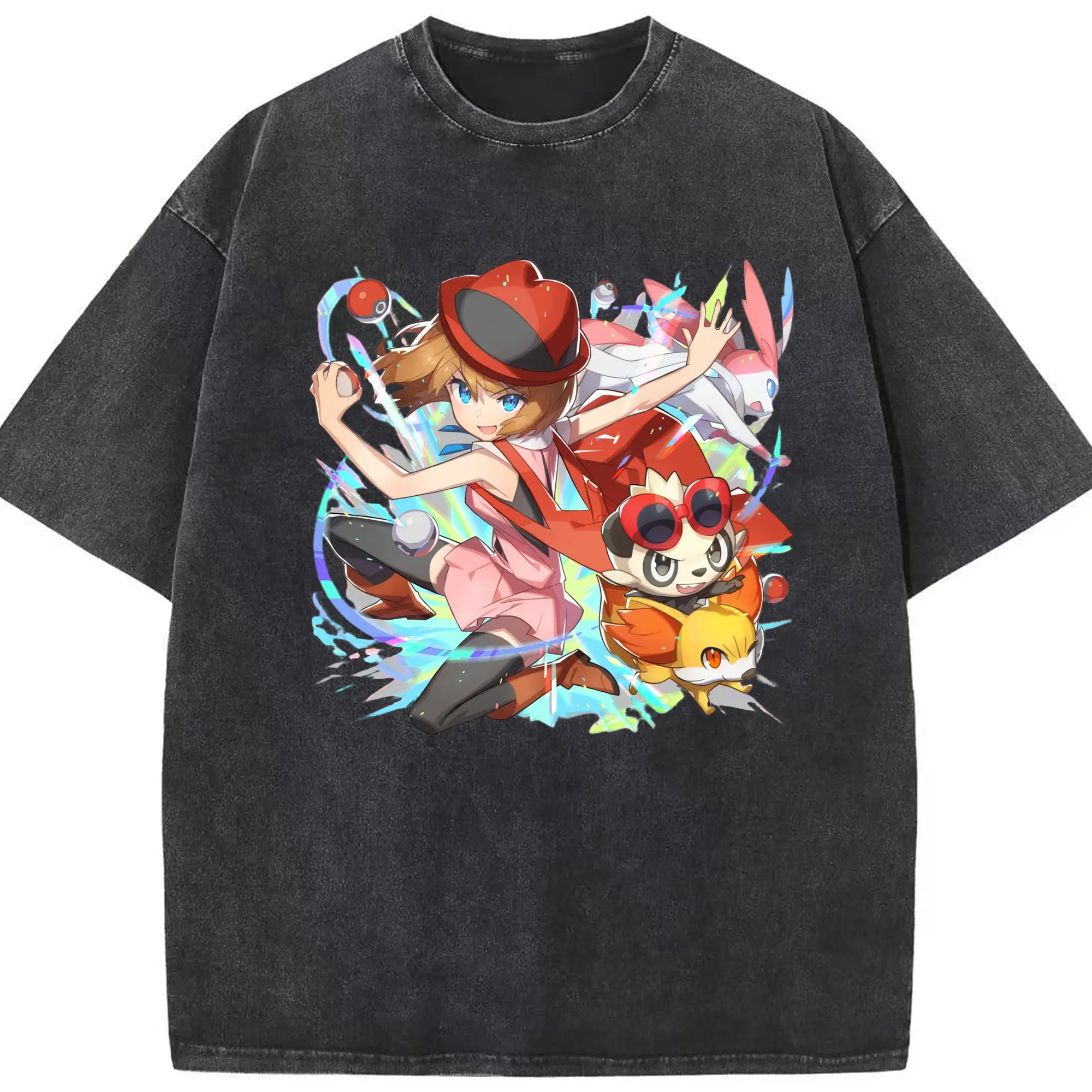 Pokemon Serena Men's T-Shirts - Washed Vintage Look 230g Cotton Oversized T-Shirt With Front Heat Transfer Print – Soft, Lightweight, Stylish Fit – Comfortable Casual Wear For Sports & Everyday Use