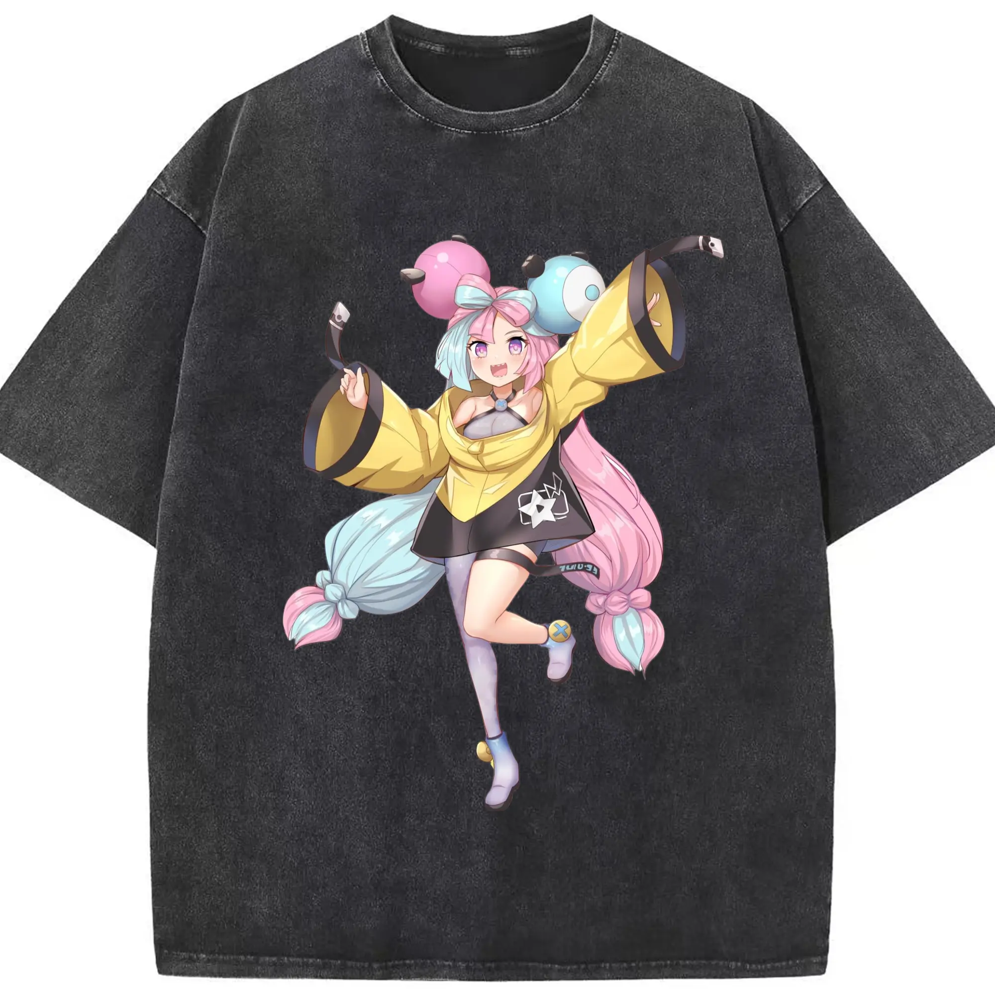 Iono Pokemon cartoon T-Shirt - Washed Vintage Look 230g Cotton Oversized T-Shirt With Front Heat Transfer Print – Soft, Lightweight, Stylish Fit – Comfortable Casual Wear For Sports & Everyday Use
