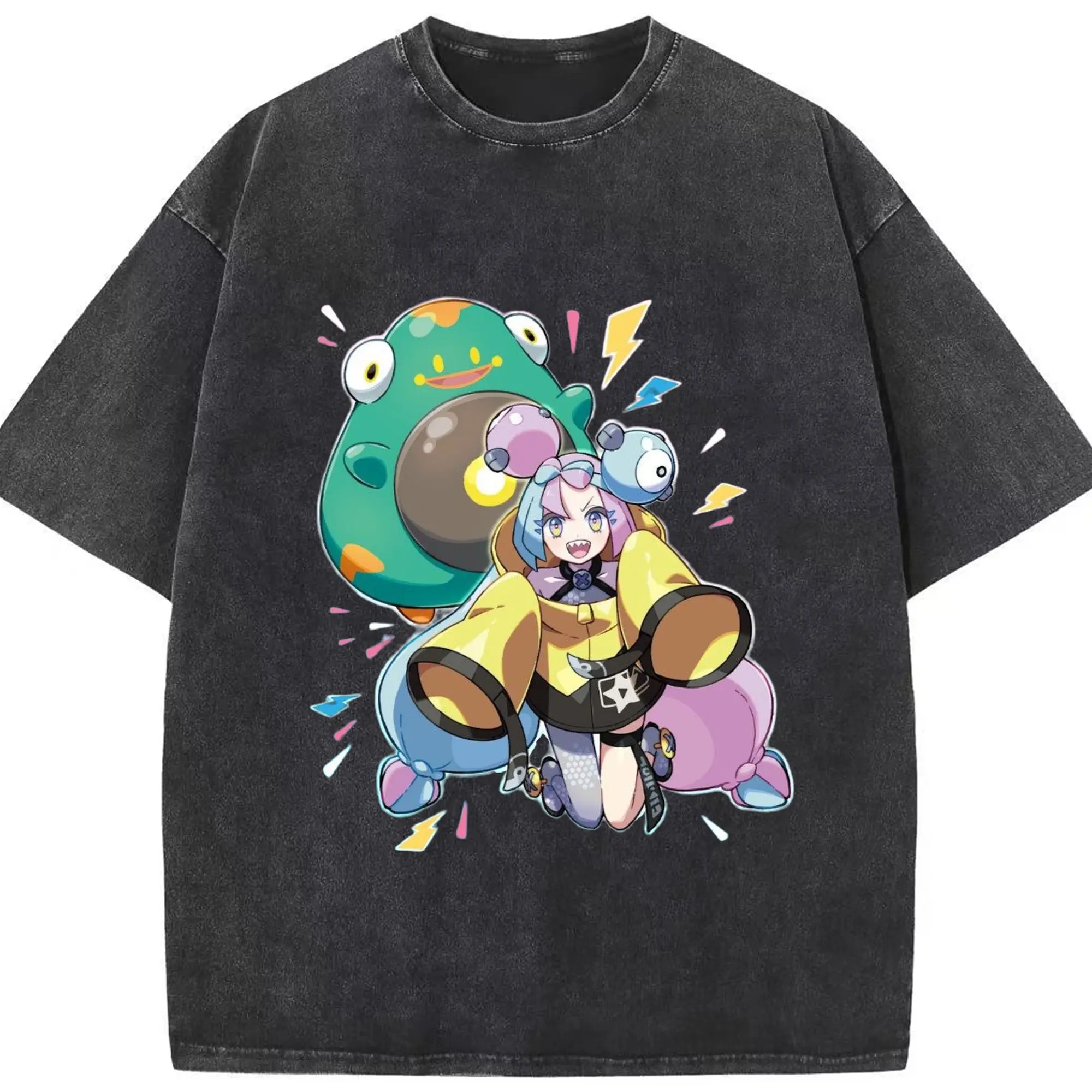 Iono Pokemon Classic T-Shirt - Washed Vintage Look 230g Cotton Oversized T-Shirt With Front Heat Transfer Print – Soft, Lightweight, Stylish Fit – Comfortable Casual Wear For Sports & Everyday Use