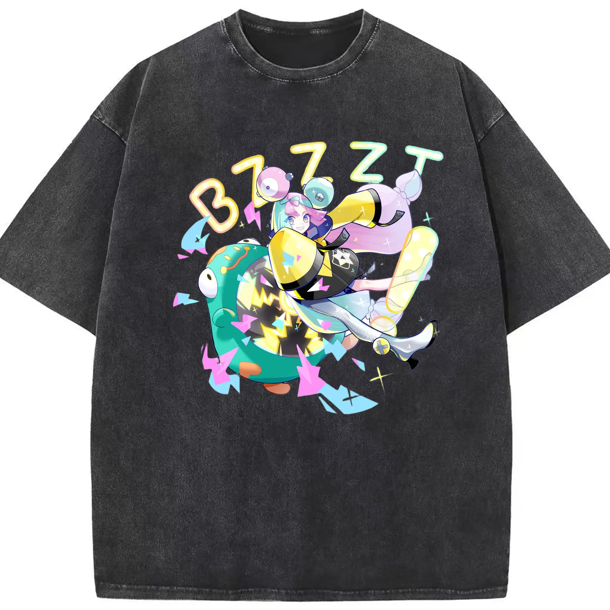 Iono Pokemon graphic Tee - Washed Vintage Look 230g Cotton Oversized T-Shirt With Front Heat Transfer Print – Soft, Lightweight, Stylish Fit – Comfortable Casual Wear For Sports & Everyday Use