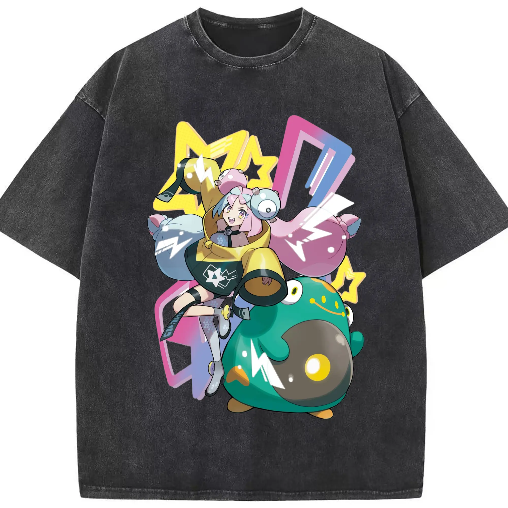 Iono Pokemon graphic T-Shirt - Washed Vintage Look 230g Cotton Oversized T-Shirt With Front Heat Transfer Print – Soft, Lightweight, Stylish Fit – Comfortable Casual Wear For Sports & Everyday Use