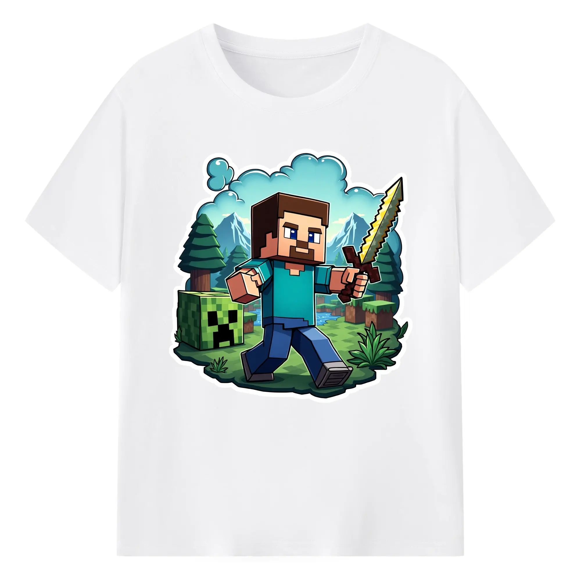 Minecraft steve art graphic tee - 180g Cotton T-Shirt With Front Heat Transfer Print – Soft, Lightweight, Fitted Design – Comfortable Casual Wear For Sports & Everyday Use