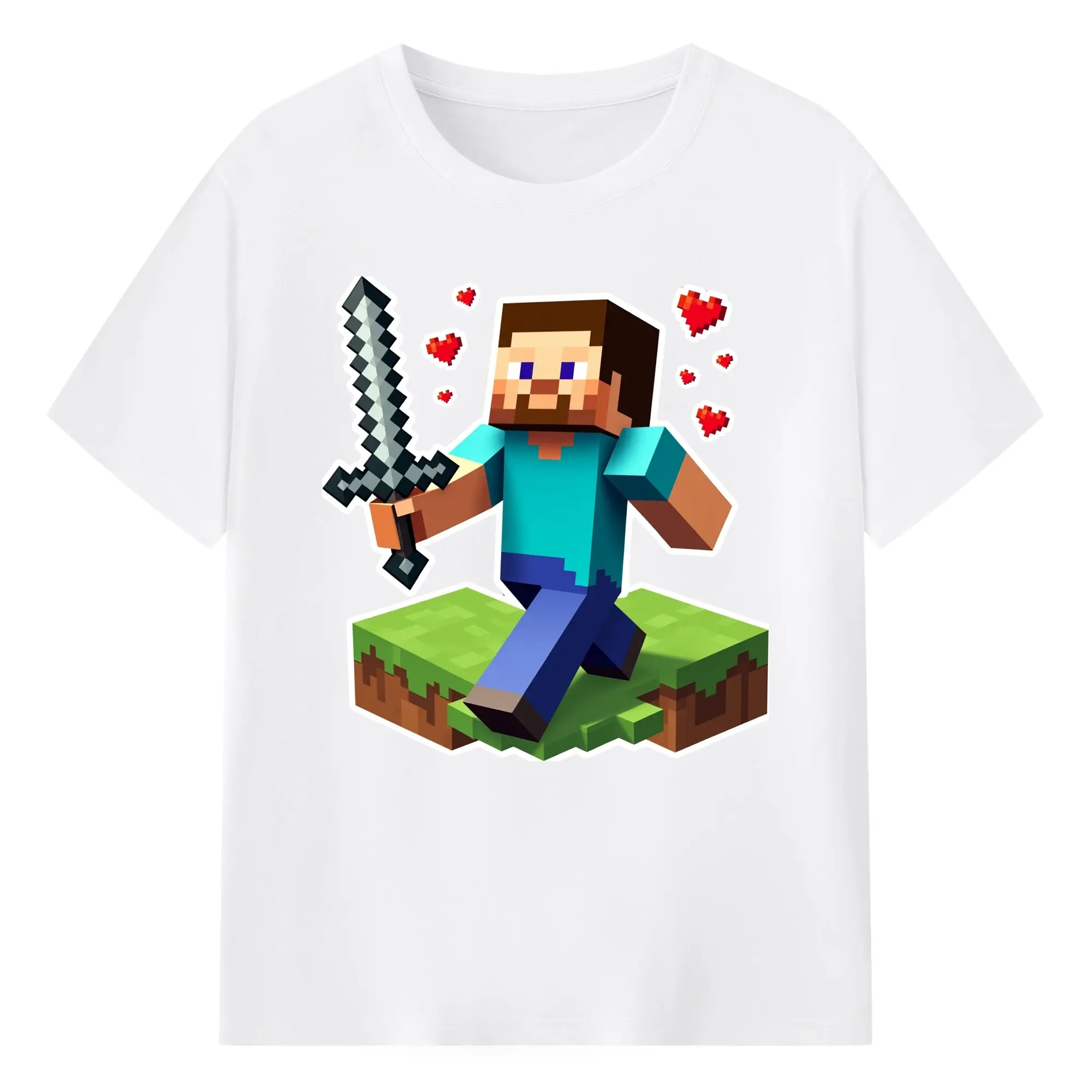 Minecraft steve art shirt - 180g Cotton T-Shirt With Front Heat Transfer Print – Soft, Lightweight, Fitted Design – Comfortable Casual Wear For Sports & Everyday Use