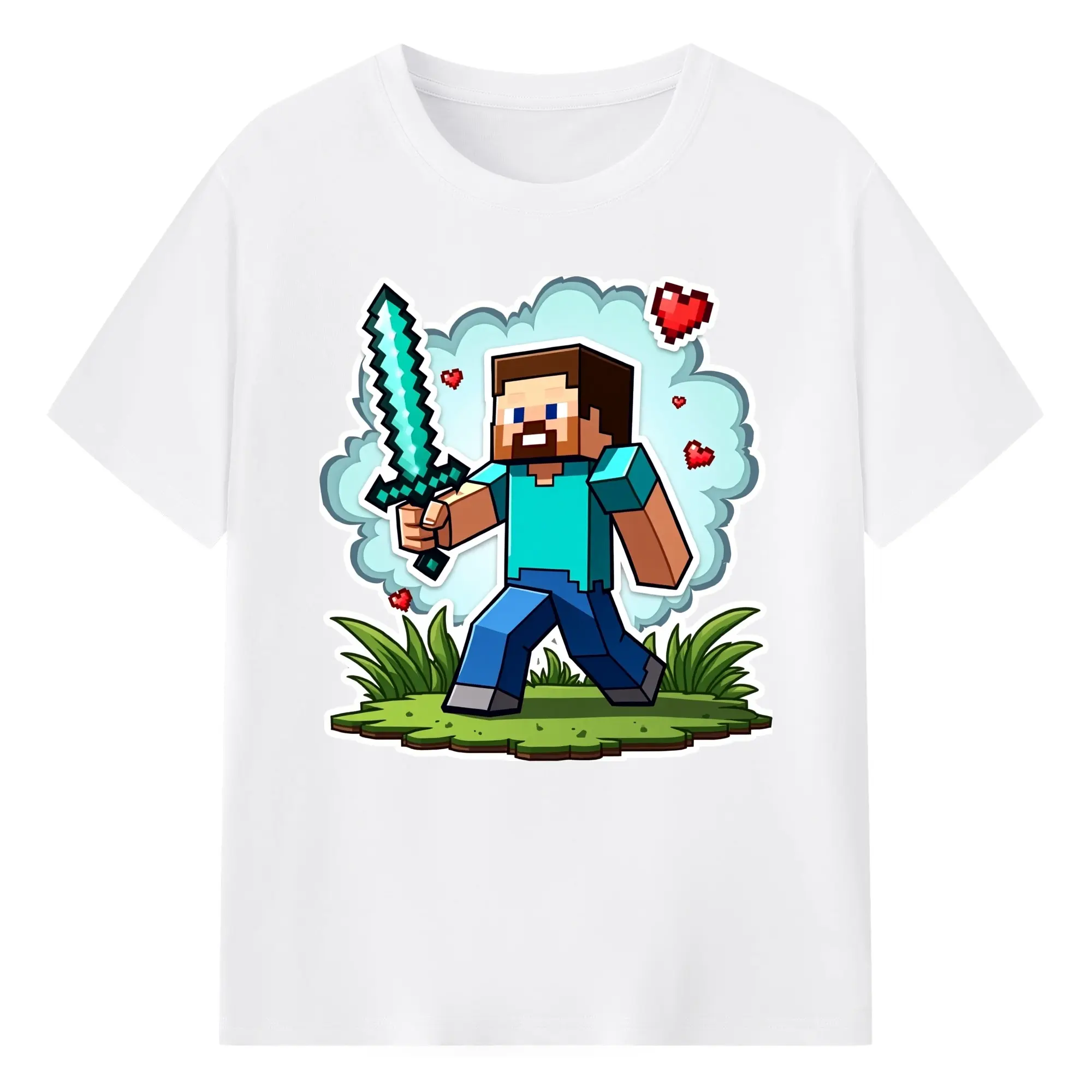 Minecraft steve art t-shirt - 180g Cotton T-Shirt With Front Heat Transfer Print – Soft, Lightweight, Fitted Design – Comfortable Casual Wear For Sports & Everyday Use