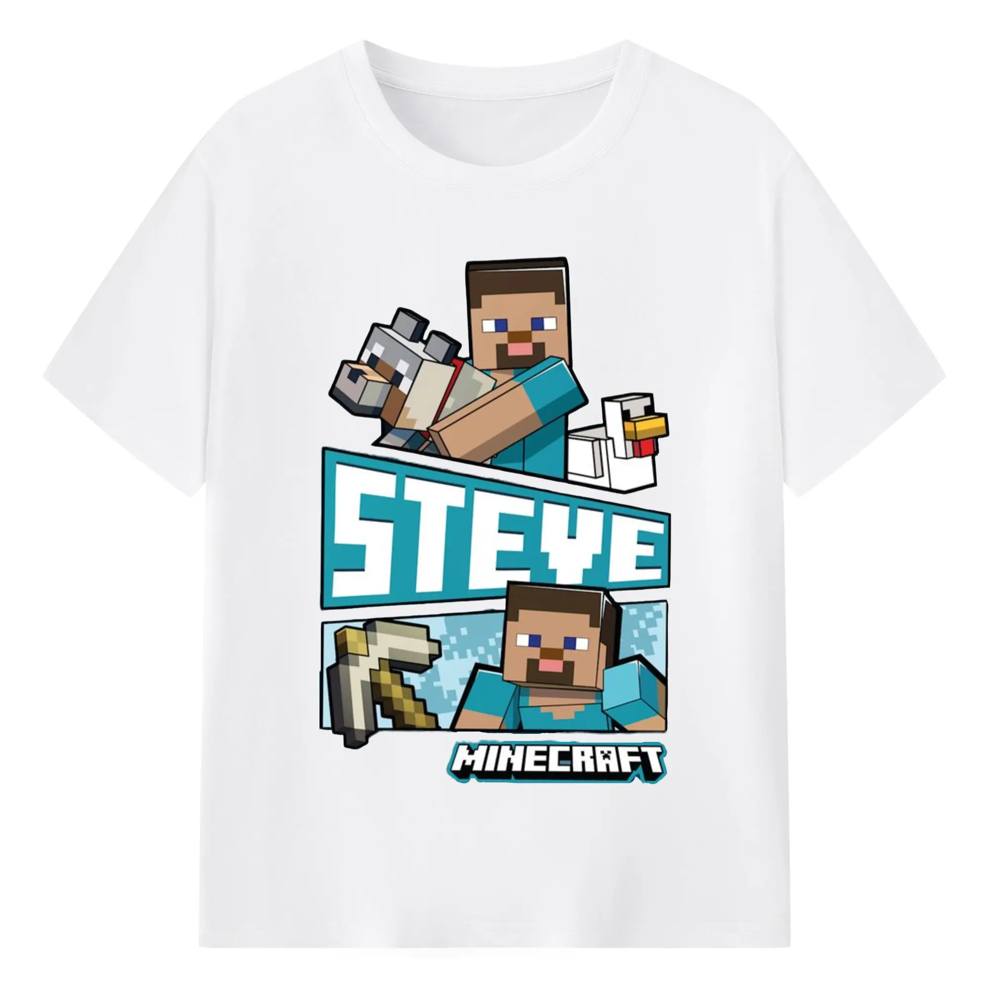 Minecraft steve collage shirt - 180g Cotton T-Shirt With Front Heat Transfer Print – Soft, Lightweight, Fitted Design – Comfortable Casual Wear For Sports & Everyday Use