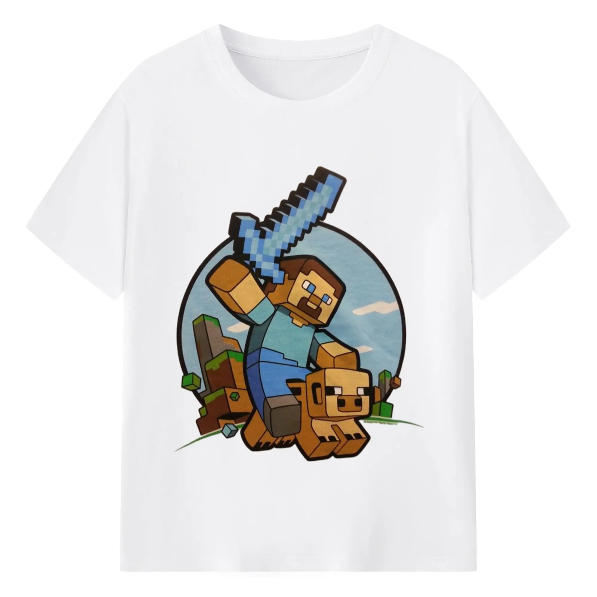 Minecraft steve tee shirt​ - 180g Cotton T-Shirt With Front Heat Transfer Print – Soft, Lightweight, Fitted Design – Comfortable Casual Wear For Sports & Everyday Use