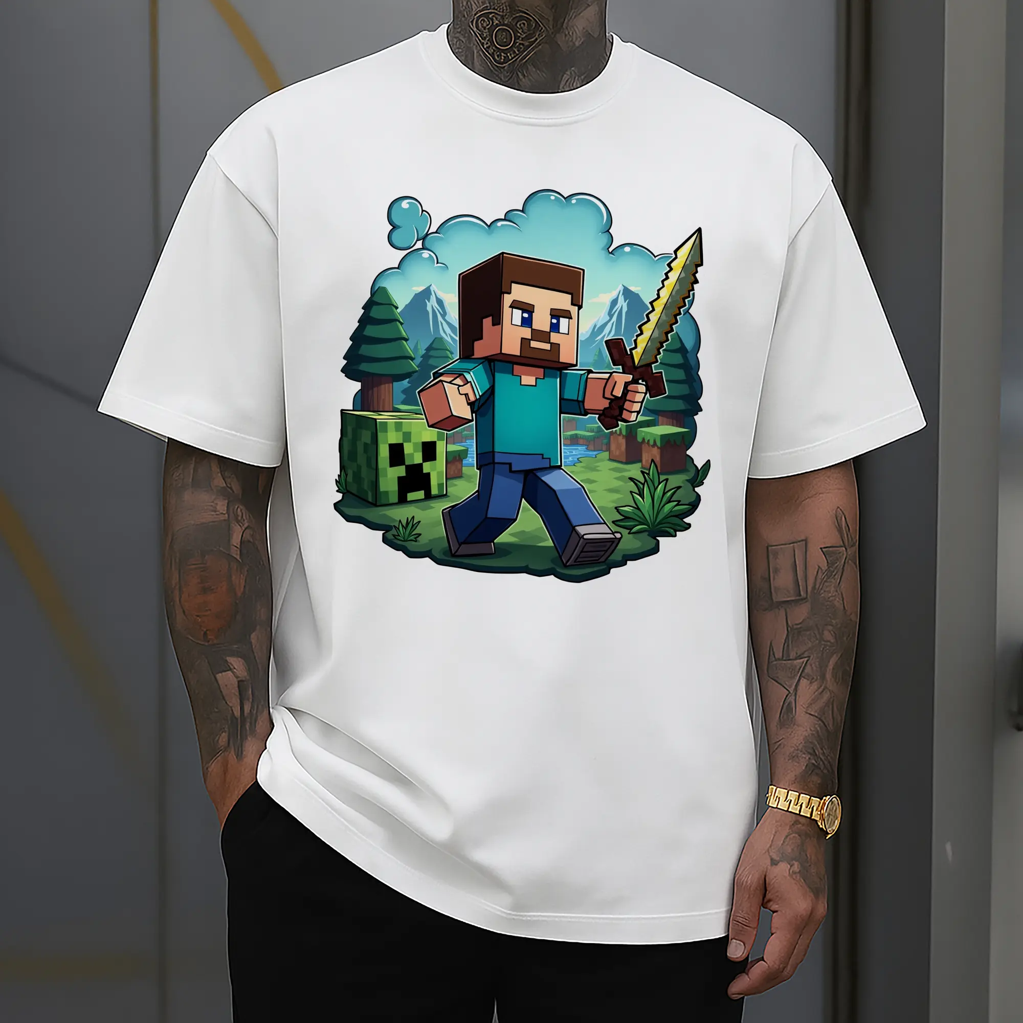 minecraft steve art graphic tee