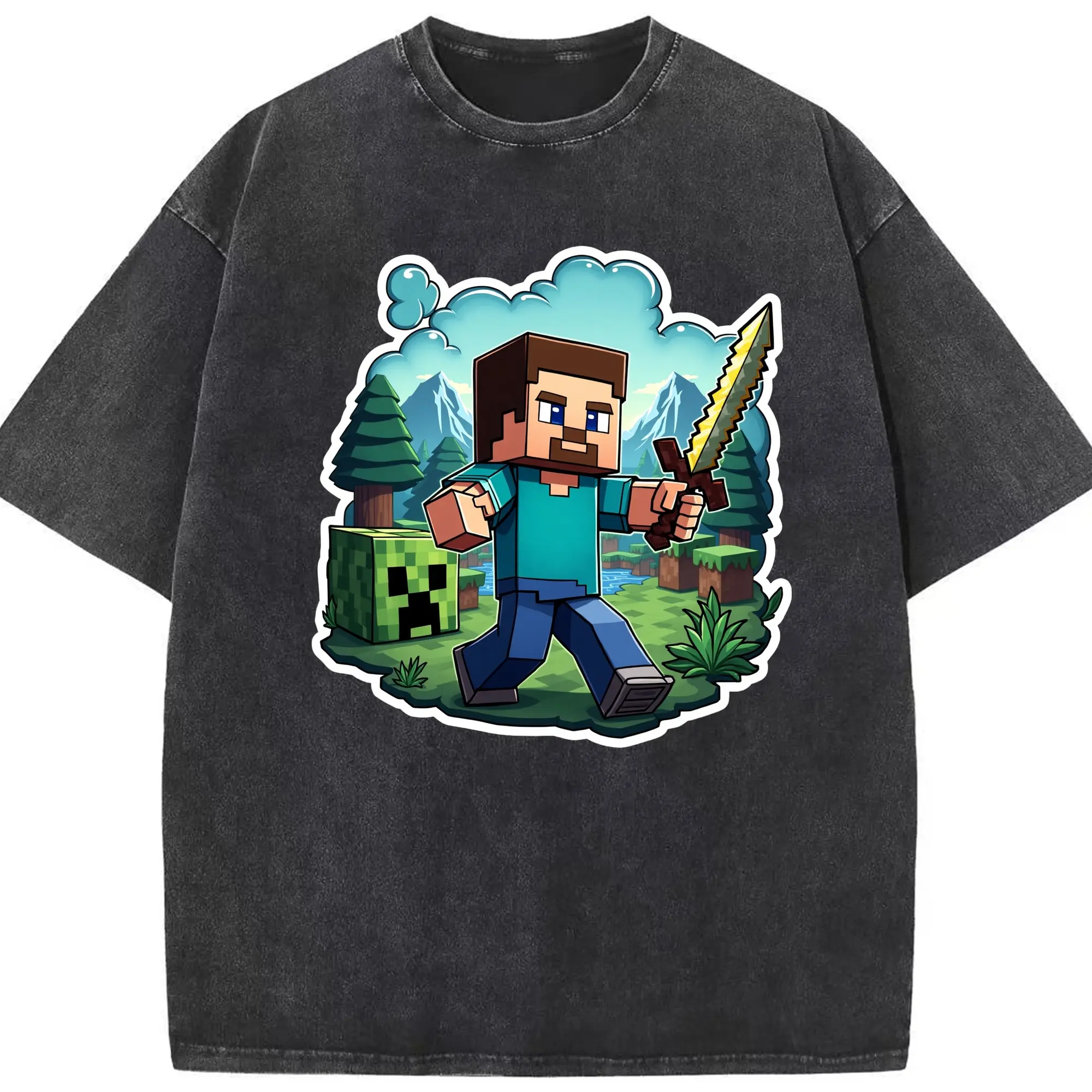 Minecraft steve art graphic tee - Washed Vintage Look 230g Cotton Oversized T-Shirt With Front Heat Transfer Print – Soft, Lightweight, Stylish Fit – Comfortable Casual Wear For Sports & Everyday Use