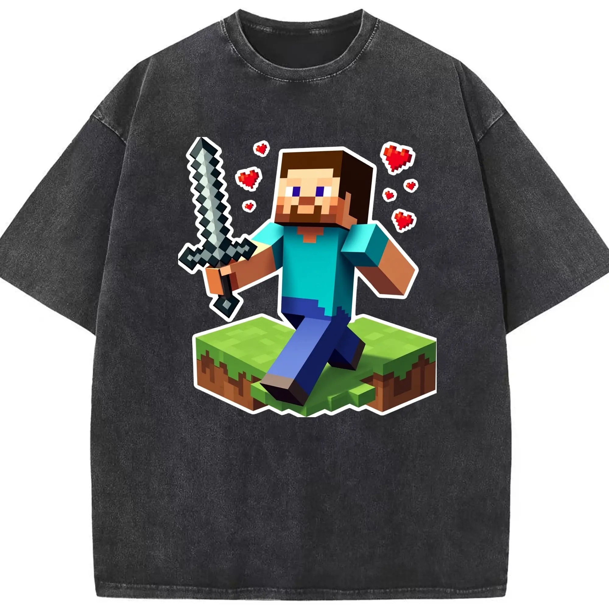 Minecraft steve art shirt - Washed Vintage Look 230g Cotton Oversized T-Shirt With Front Heat Transfer Print – Soft, Lightweight, Stylish Fit – Comfortable Casual Wear For Sports & Everyday Use