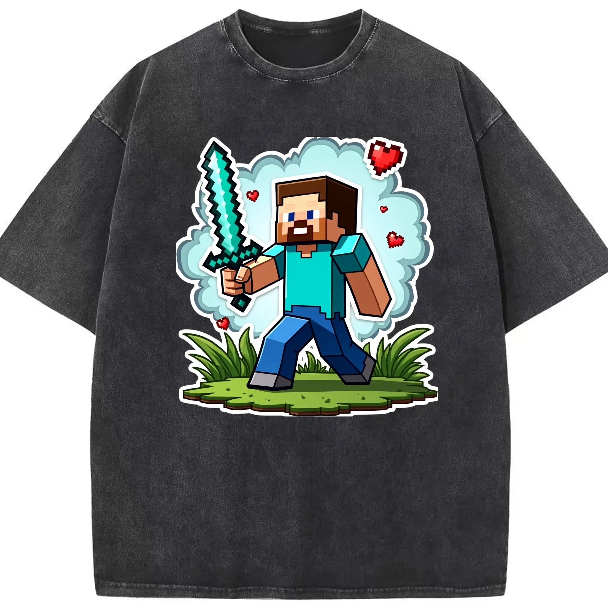 Minecraft steve art t-shirt - Washed Vintage Look 230g Cotton Oversized T-Shirt With Front Heat Transfer Print – Soft, Lightweight, Stylish Fit – Comfortable Casual Wear For Sports & Everyday Use