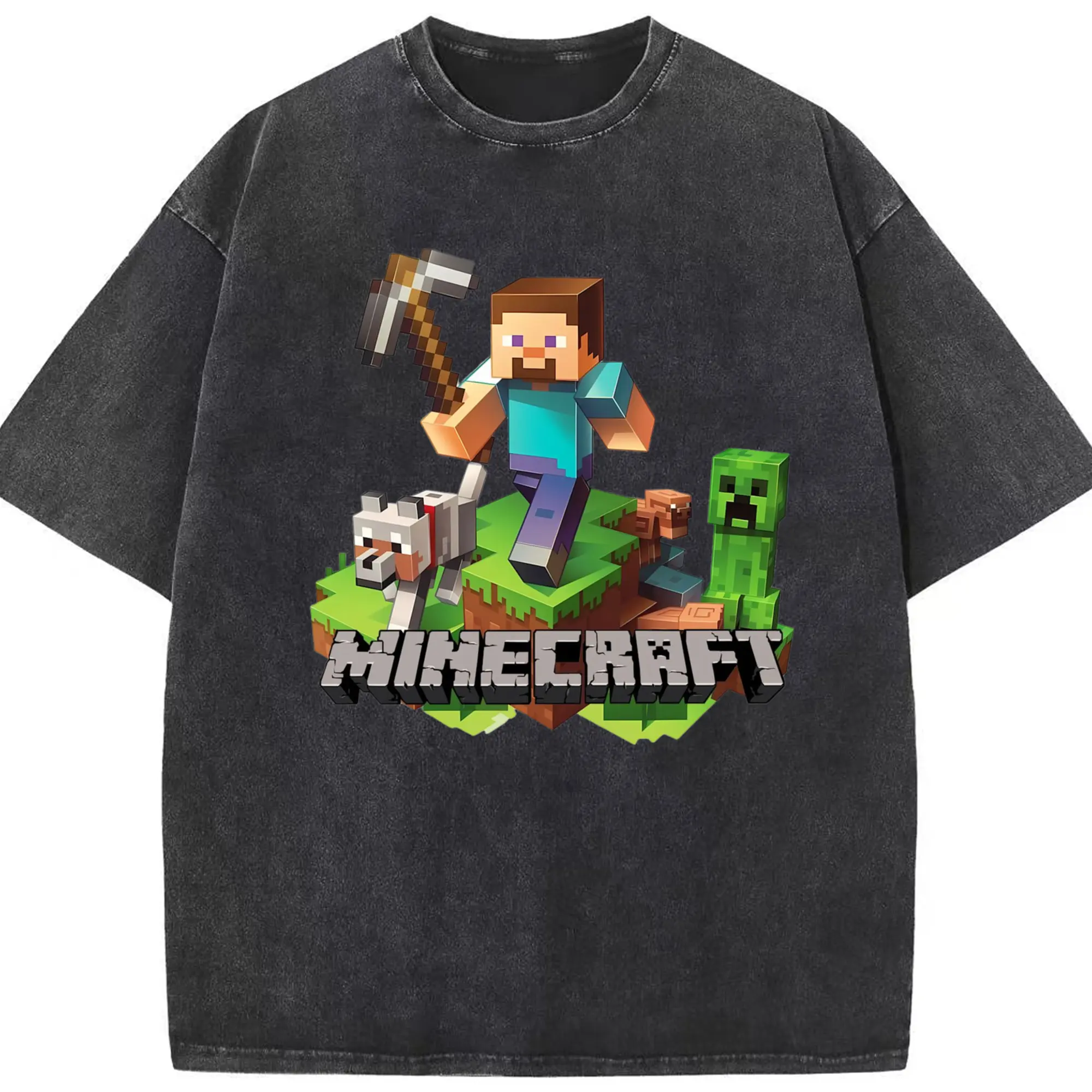 Minecraft steve classic graphic tee - Washed Vintage Look 230g Cotton Oversized T-Shirt With Front Heat Transfer Print – Soft, Lightweight, Stylish Fit – Comfortable Casual Wear For Sports & Everyday Use
