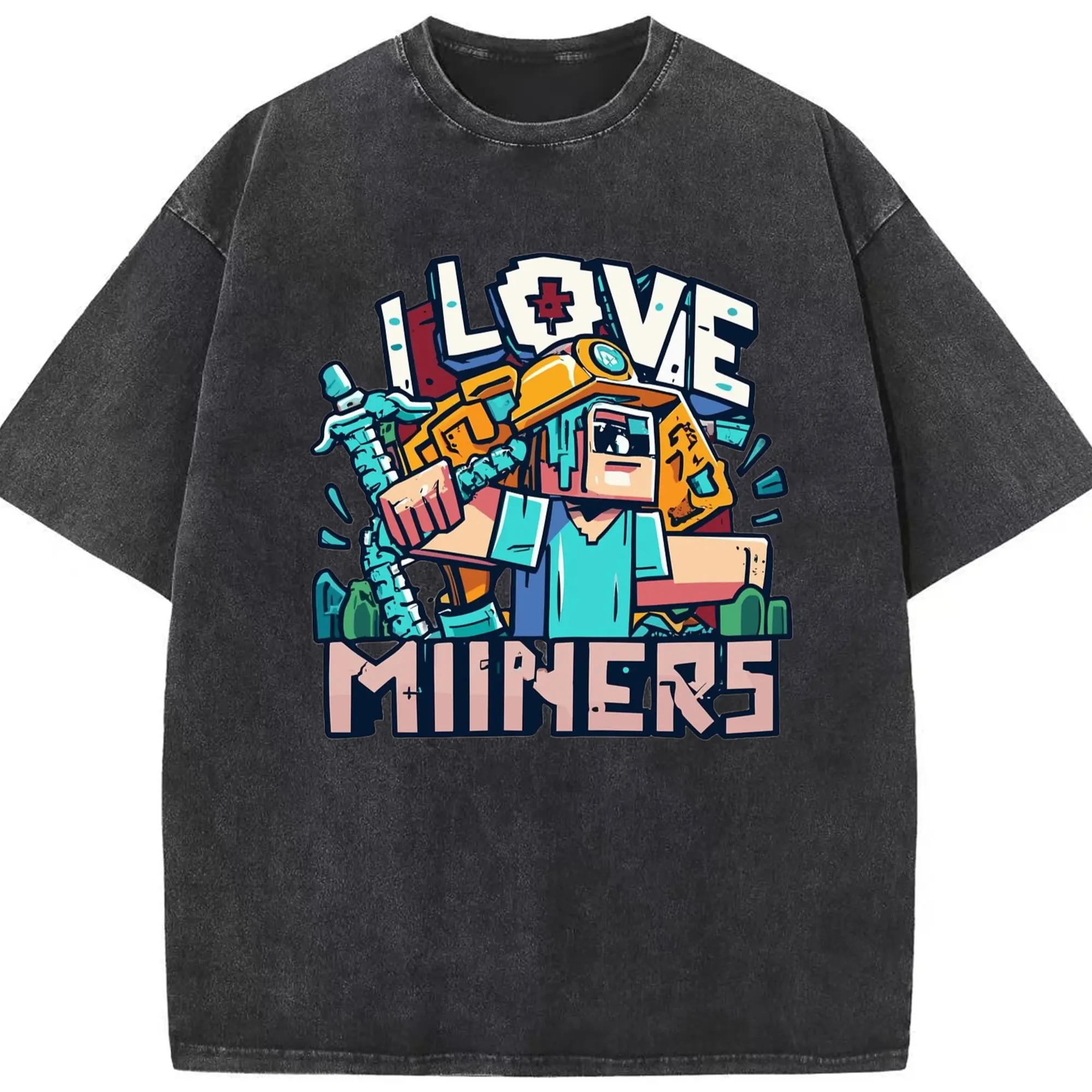 Minecraft steve collage t-shirt - Washed Vintage Look 230g Cotton Oversized T-Shirt With Front Heat Transfer Print – Soft, Lightweight, Stylish Fit – Comfortable Casual Wear For Sports & Everyday Use