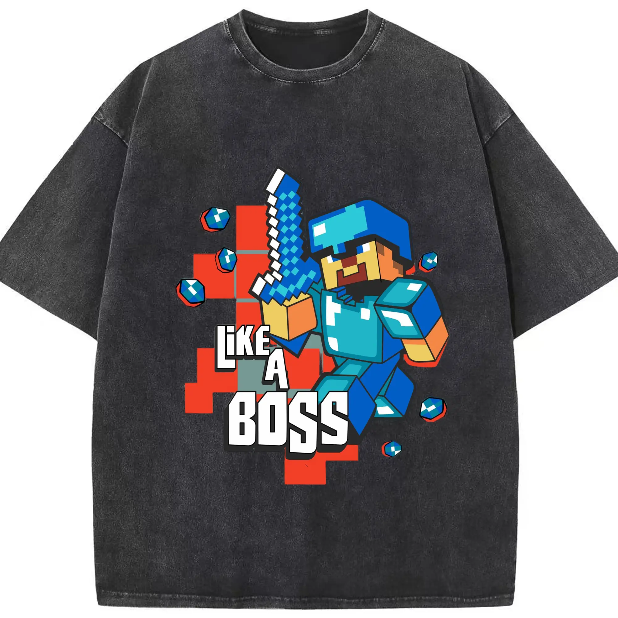 Minecraft steve graphic shirt - Washed Vintage Look 230g Cotton Oversized T-Shirt With Front Heat Transfer Print – Soft, Lightweight, Stylish Fit – Comfortable Casual Wear For Sports & Everyday Use