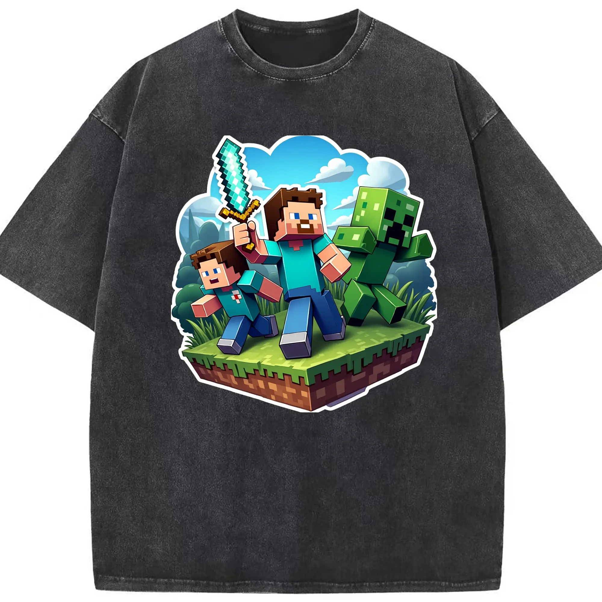 Minecraft steve shirt - Washed Vintage Look 230g Cotton Oversized T-Shirt With Front Heat Transfer Print – Soft, Lightweight, Stylish Fit – Comfortable Casual Wear For Sports & Everyday Use