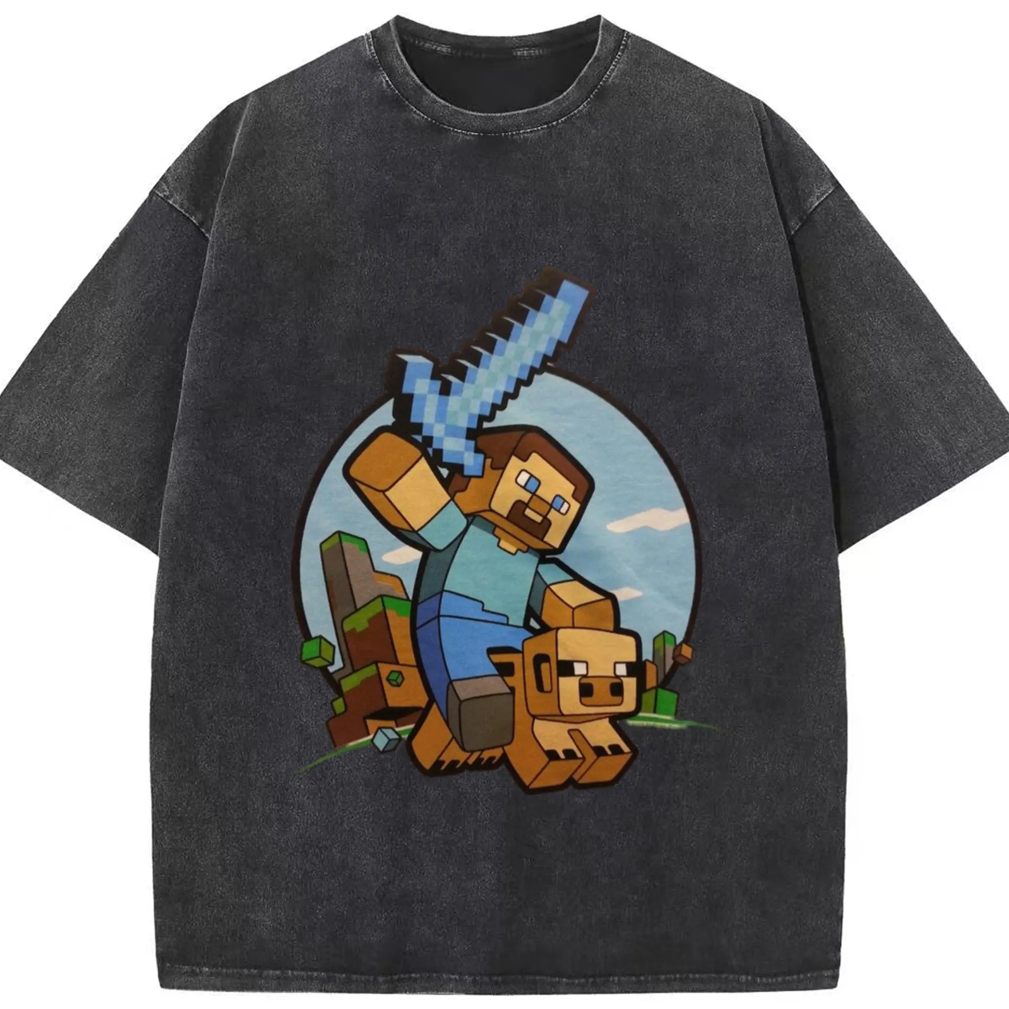 Minecraft steve tee shirt​ - Washed Vintage Look 230g Cotton Oversized T-Shirt With Front Heat Transfer Print – Soft, Lightweight, Stylish Fit – Comfortable Casual Wear For Sports & Everyday Use