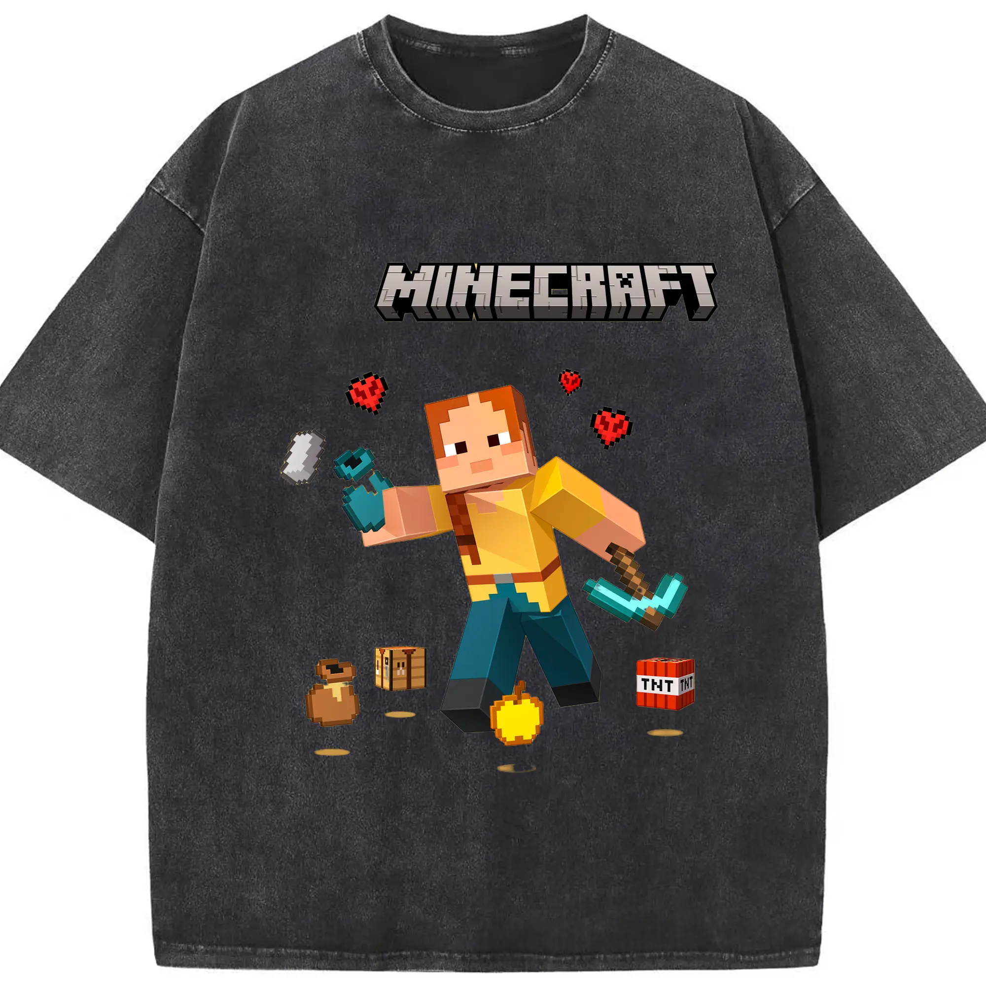 Men's minecraft alex collage t shirt - Washed Vintage Look 230g Cotton Oversized T-Shirt With Front Heat Transfer Print – Soft, Lightweight, Stylish Fit – Comfortable Casual Wear For Sports & Everyday Use