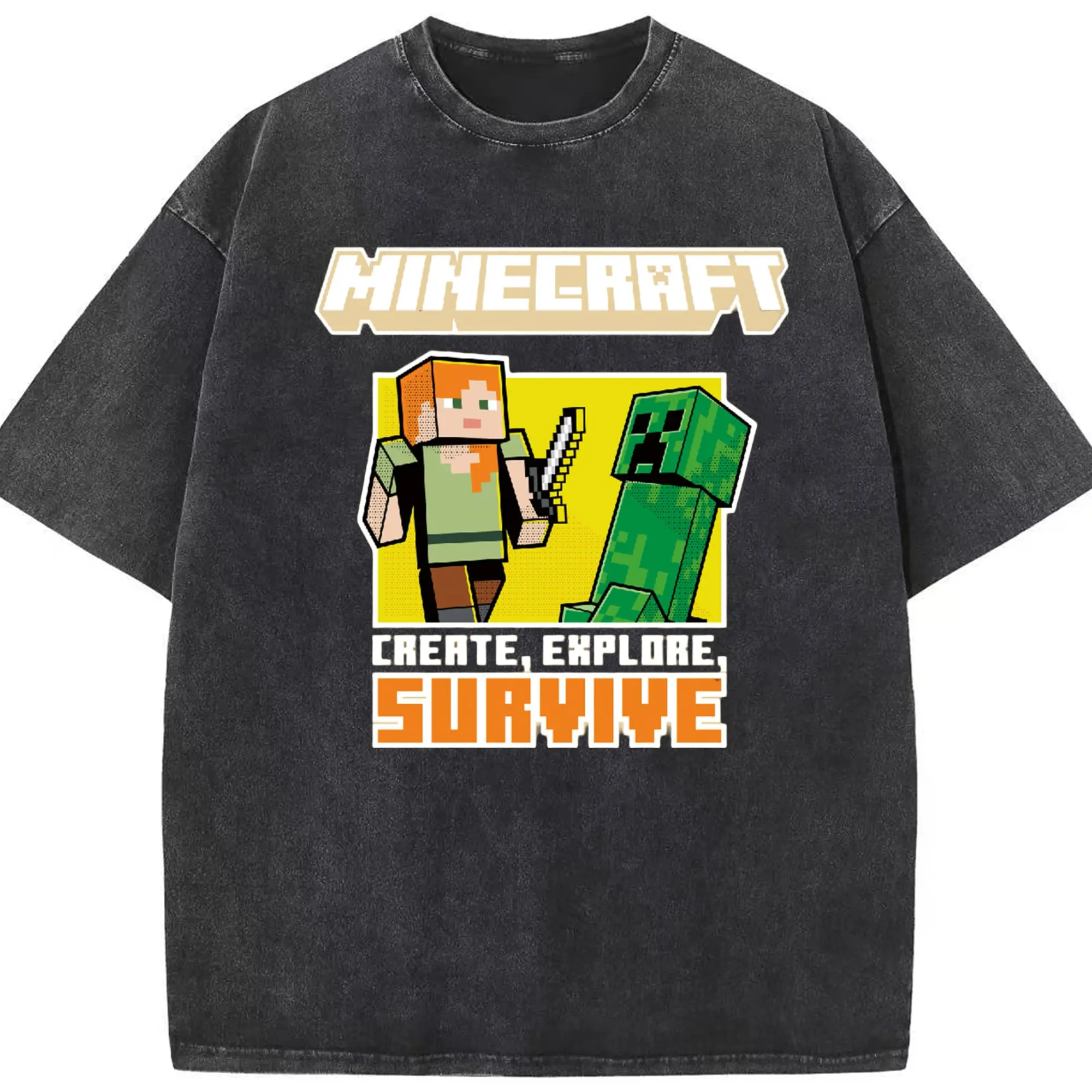 Men's minecraft alex tee - Washed Vintage Look 230g Cotton Oversized T-Shirt With Front Heat Transfer Print – Soft, Lightweight, Stylish Fit – Comfortable Casual Wear For Sports & Everyday Use