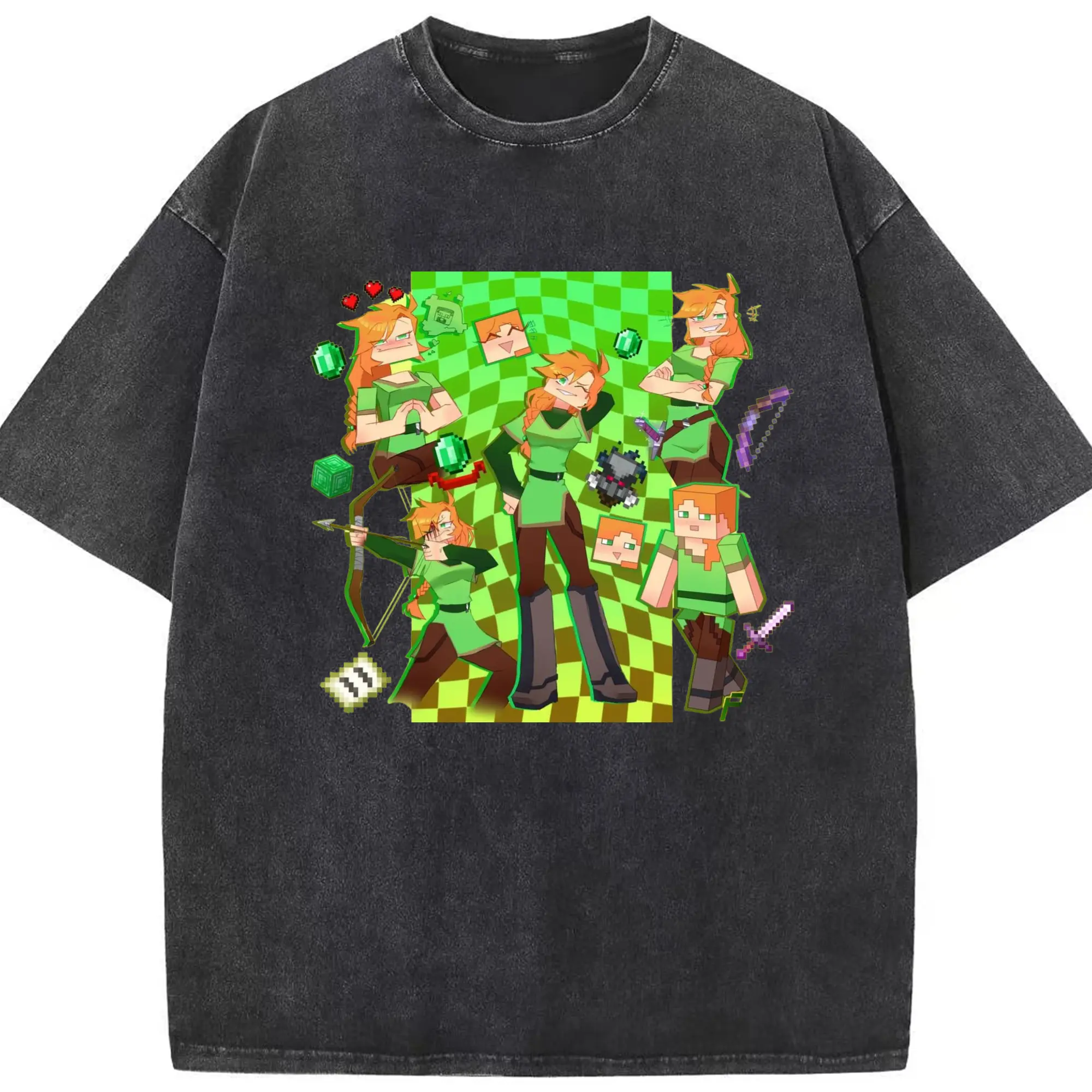 Minecraft alex graphic art shirt - Washed Vintage Look 230g Cotton Oversized T-Shirt With Front Heat Transfer Print – Soft, Lightweight, Stylish Fit – Comfortable Casual Wear For Sports & Everyday Use