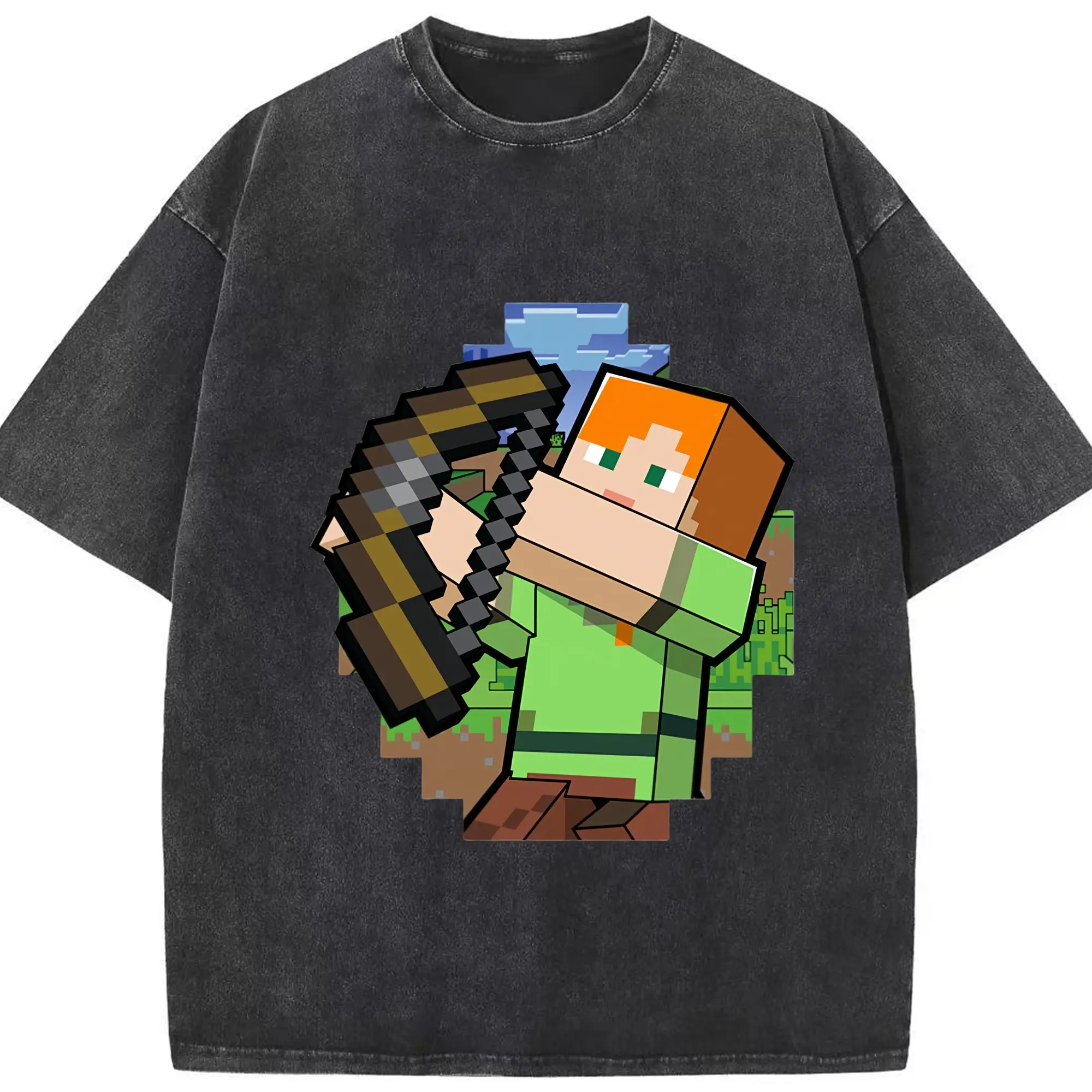 Minecraft alex graphic classic t shirt - Washed Vintage Look 230g Cotton Oversized T-Shirt With Front Heat Transfer Print – Soft, Lightweight, Stylish Fit – Comfortable Casual Wear For Sports & Everyday Use