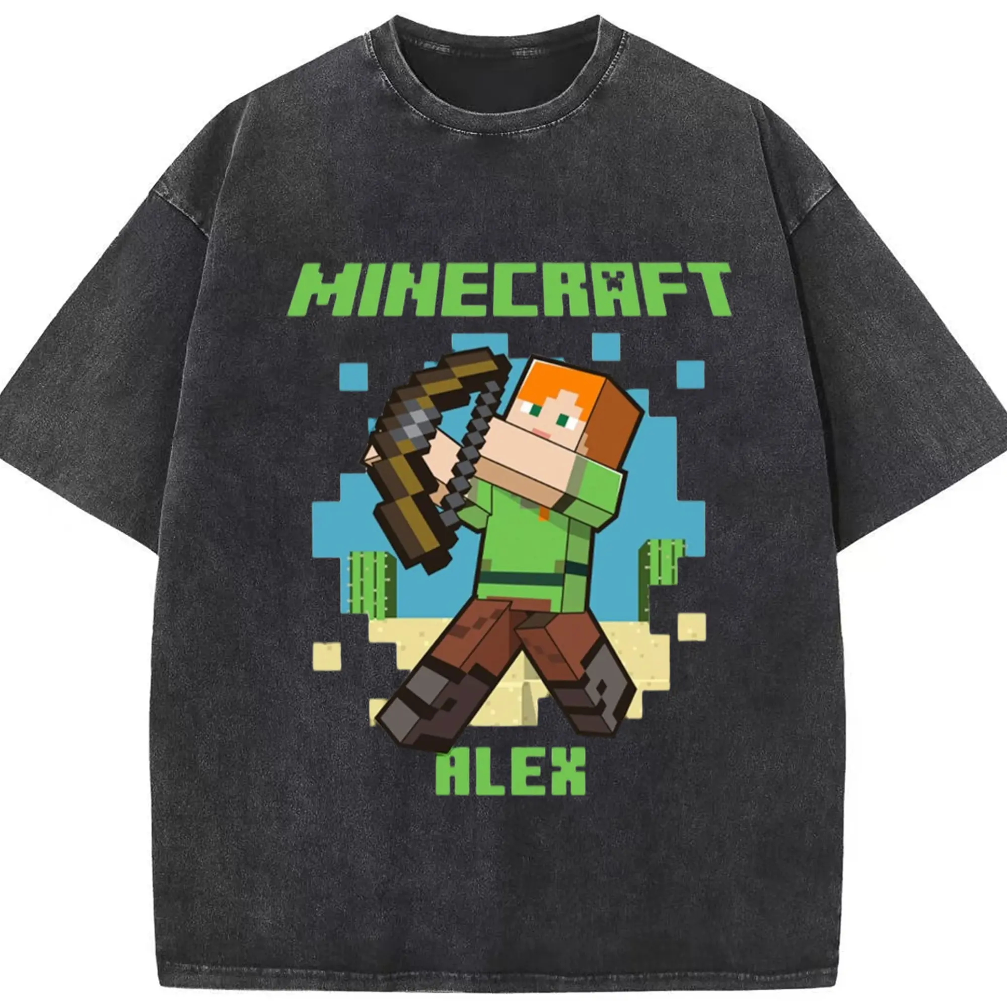 Minecraft alex graphic tee - Washed Vintage Look 230g Cotton Oversized T-Shirt With Front Heat Transfer Print – Soft, Lightweight, Stylish Fit – Comfortable Casual Wear For Sports & Everyday Use