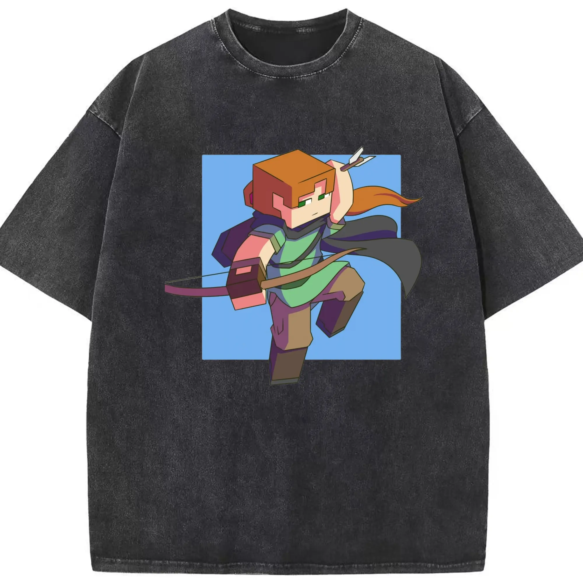 Minecraft alex tee - Washed Vintage Look 230g Cotton Oversized T-Shirt With Front Heat Transfer Print – Soft, Lightweight, Stylish Fit – Comfortable Casual Wear For Sports & Everyday Use