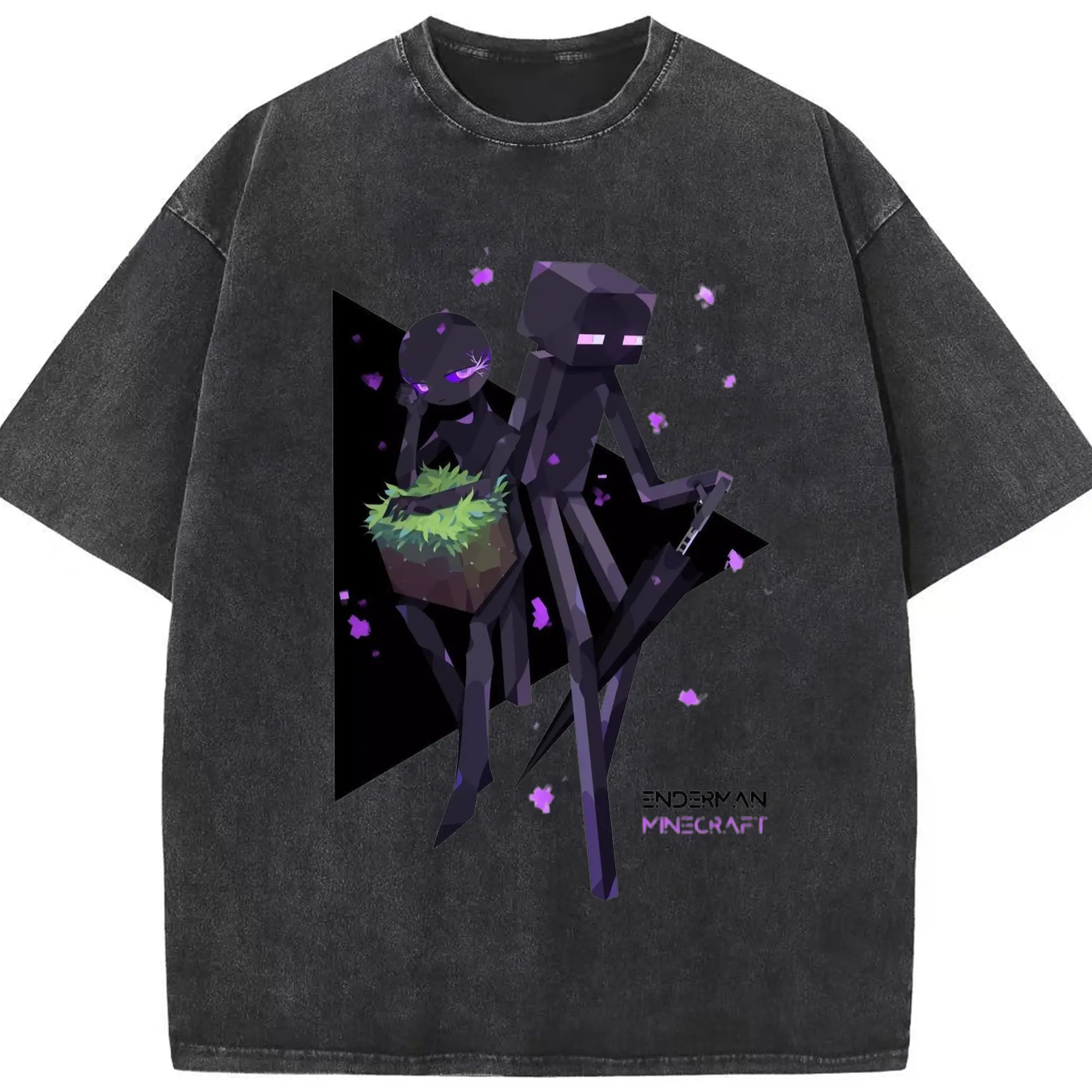 Boy's minecraft enderman t shirt​ - Washed Vintage Look 230g Cotton Oversized T-Shirt With Front Heat Transfer Print – Soft, Lightweight, Stylish Fit – Comfortable Casual Wear For Sports & Everyday Use