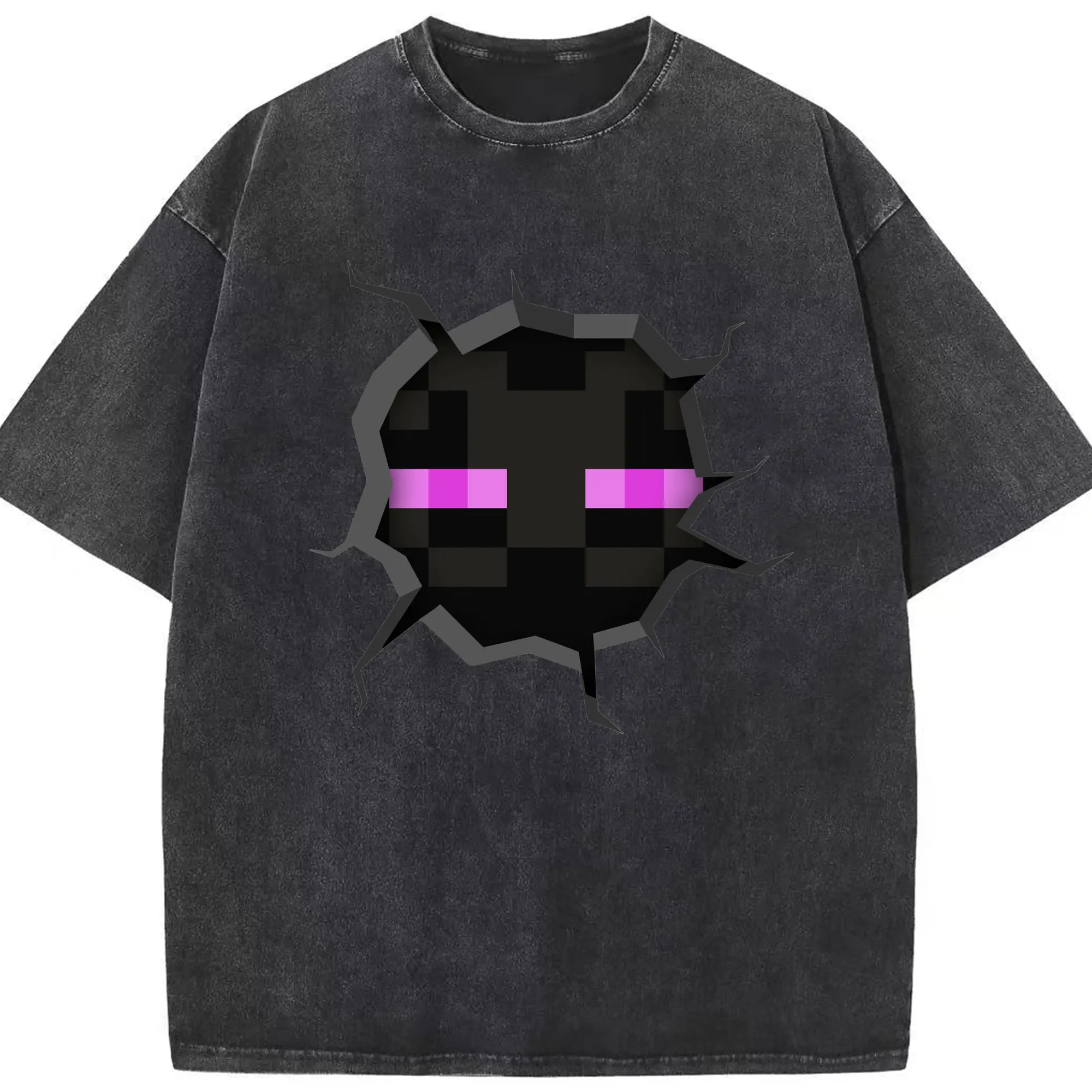 Minecraft enderman face shirt - Washed Vintage Look 230g Cotton Oversized T-Shirt With Front Heat Transfer Print – Soft, Lightweight, Stylish Fit – Comfortable Casual Wear For Sports & Everyday Use