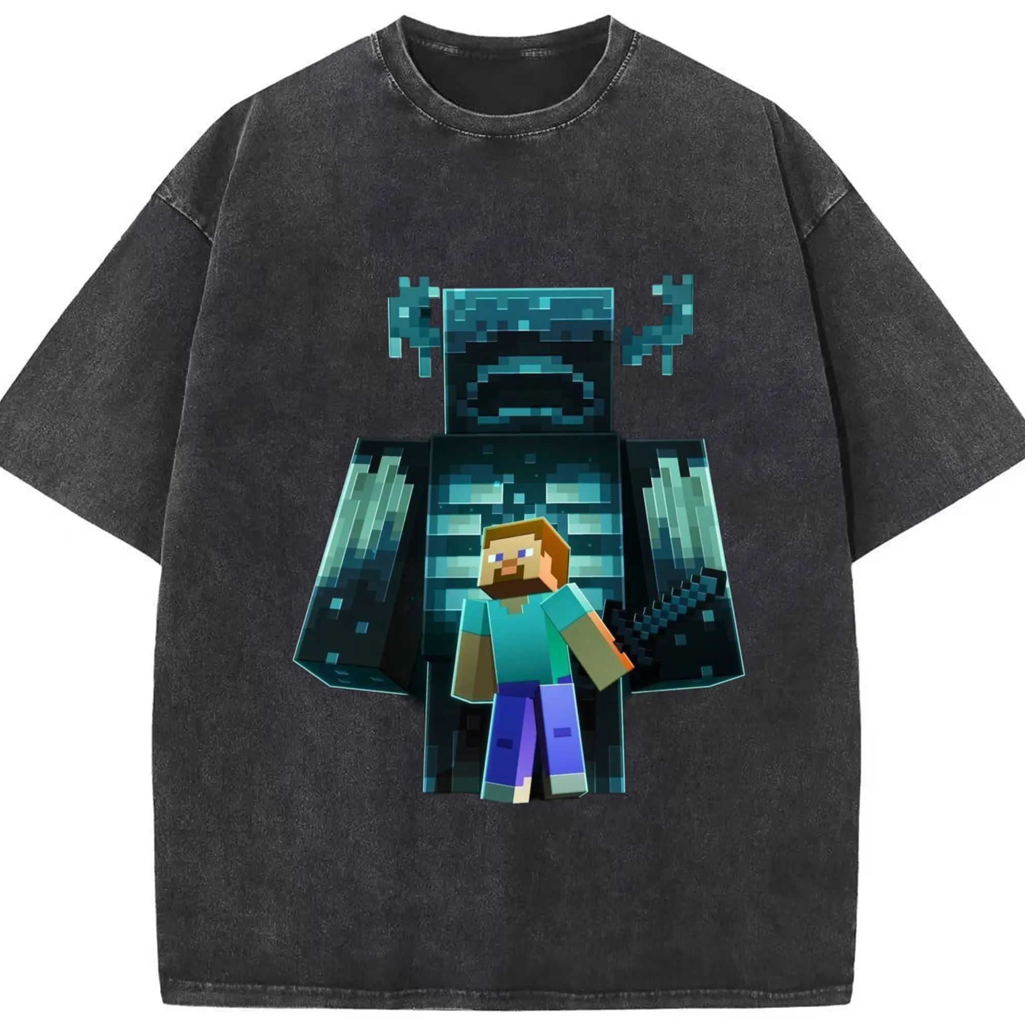 Men's Minecraft Warden Graphic T-Shirt - Washed Vintage Look 230g Cotton Oversized T-Shirt With Front Heat Transfer Print – Soft, Lightweight, Stylish Fit – Comfortable Casual Wear For Sports & Everyday Use