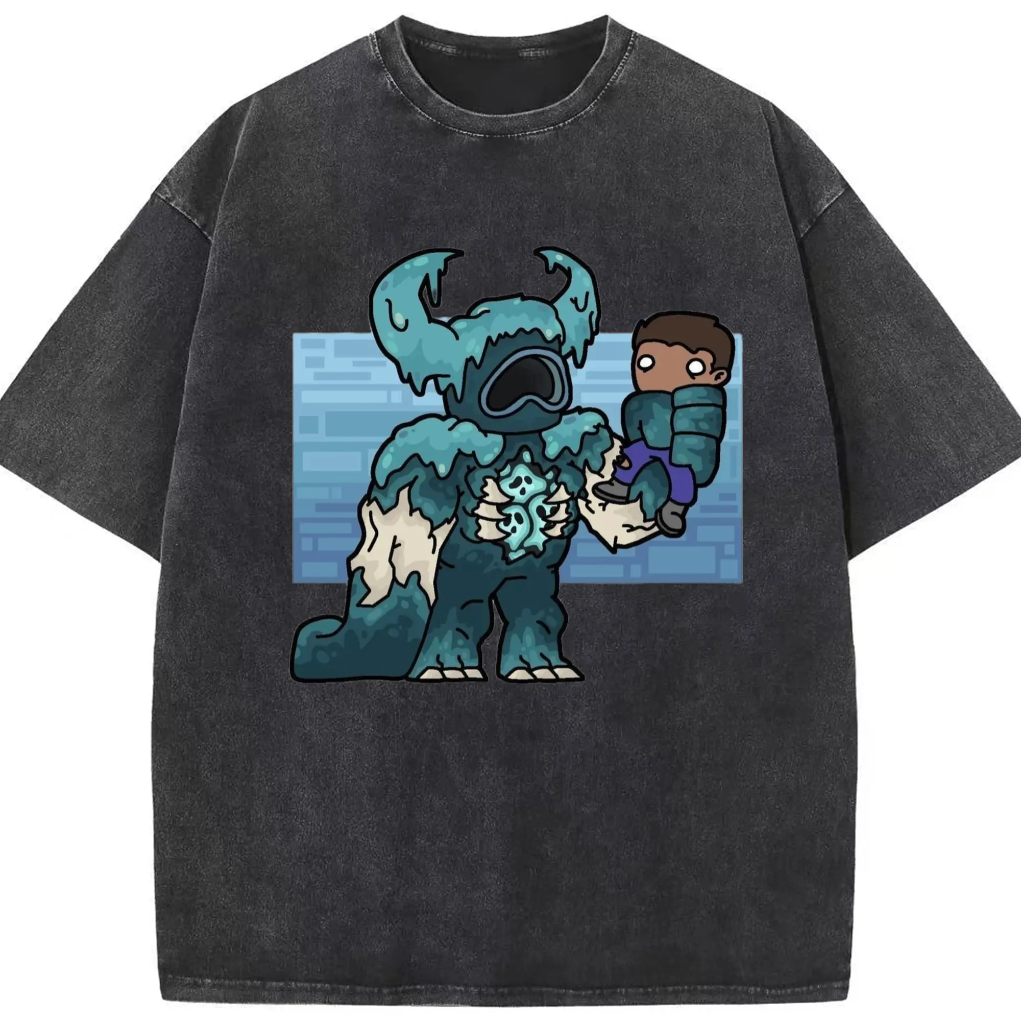 Warden Minecraft cartoon T-Shirt - Washed Vintage Look 230g Cotton Oversized T-Shirt With Front Heat Transfer Print – Soft, Lightweight, Stylish Fit – Comfortable Casual Wear For Sports & Everyday Use