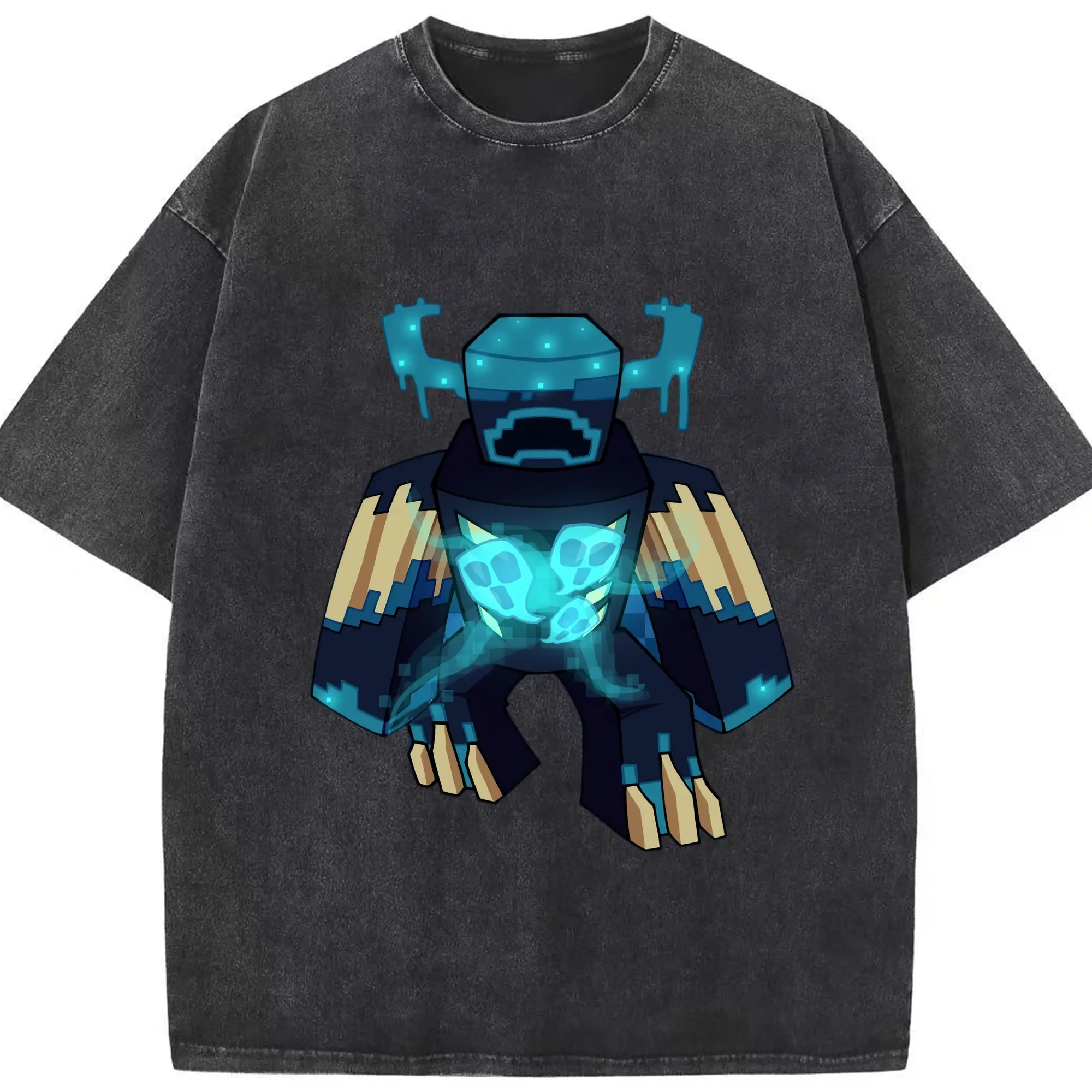 Warden Minecraft T-Shirt - Washed Vintage Look 230g Cotton Oversized T-Shirt With Front Heat Transfer Print – Soft, Lightweight, Stylish Fit – Comfortable Casual Wear For Sports & Everyday Use