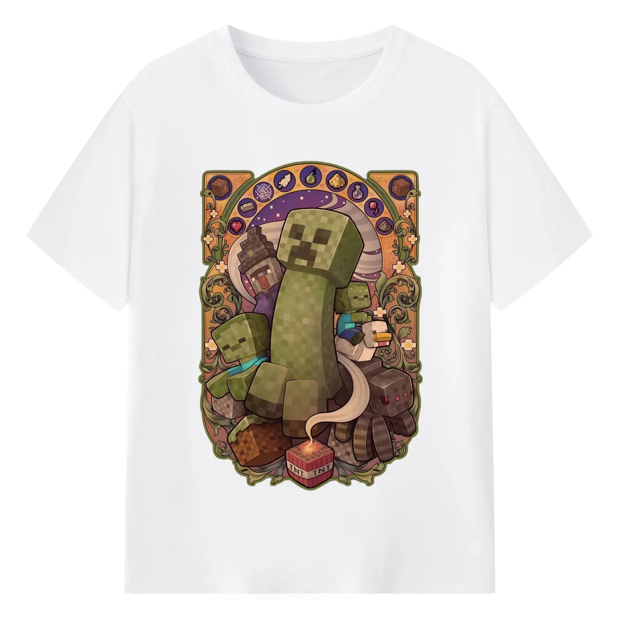 Minecraft Creeper art T-Shirt - 180g Cotton T-Shirt With Front Heat Transfer Print – Soft, Lightweight, Fitted Design – Comfortable Casual Wear For Sports & Everyday Use