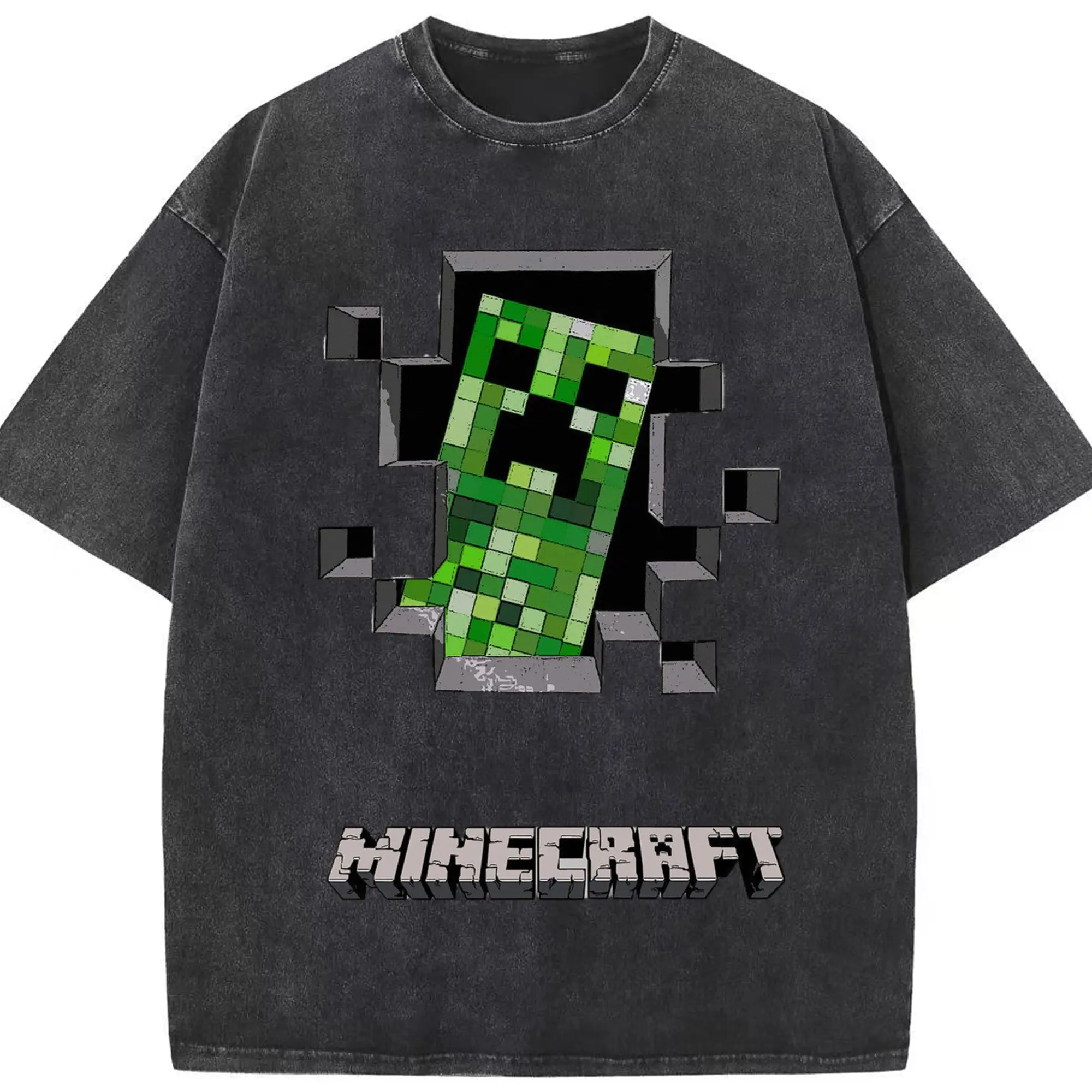 Minecraft  creeper t shirt​ - Washed Vintage Look 230g Cotton Oversized T-Shirt With Front Heat Transfer Print – Soft, Lightweight, Stylish Fit – Comfortable Casual Wear For Sports & Everyday Use