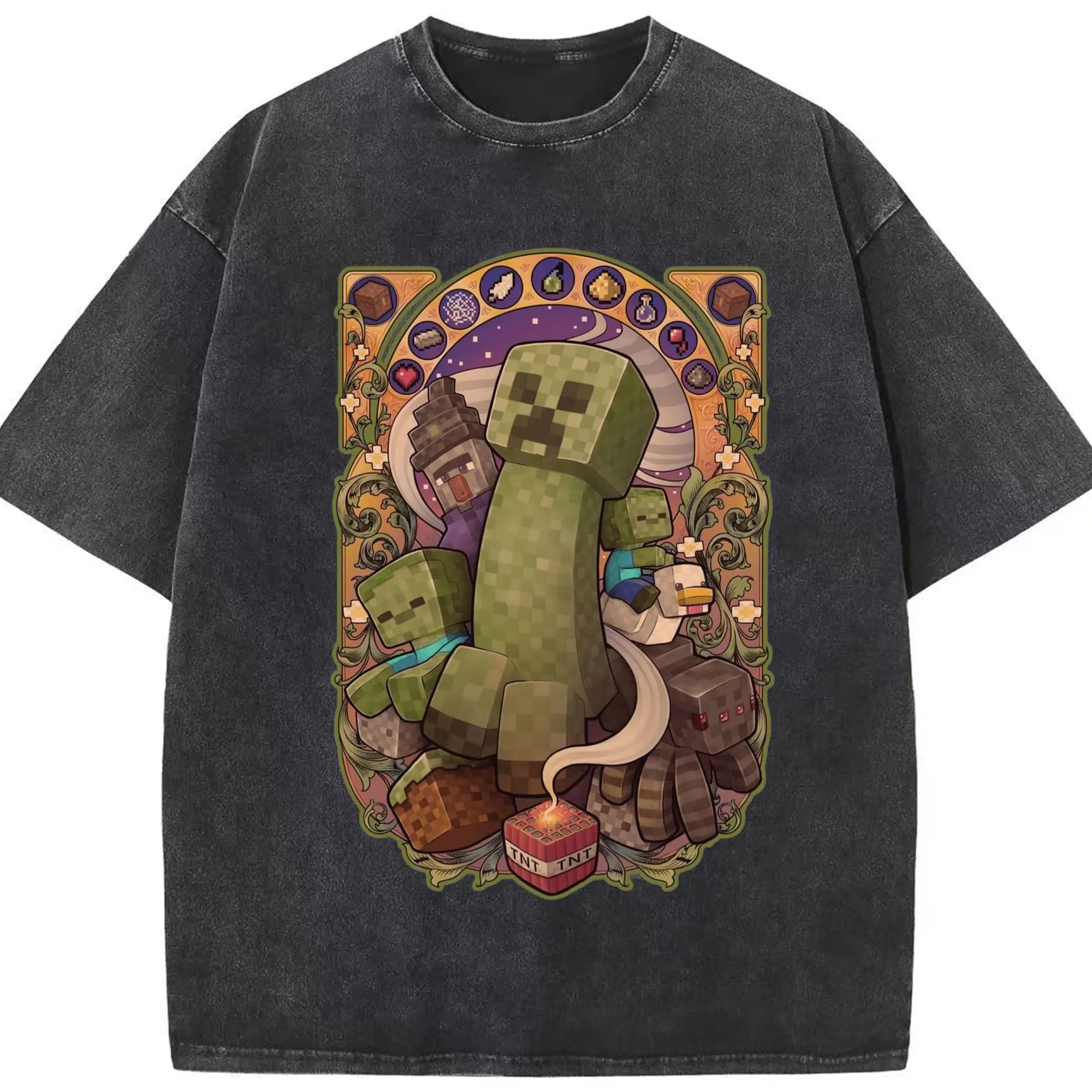 Minecraft Creeper art T-Shirt - Washed Vintage Look 230g Cotton Oversized T-Shirt With Front Heat Transfer Print – Soft, Lightweight, Stylish Fit – Comfortable Casual Wear For Sports & Everyday Use