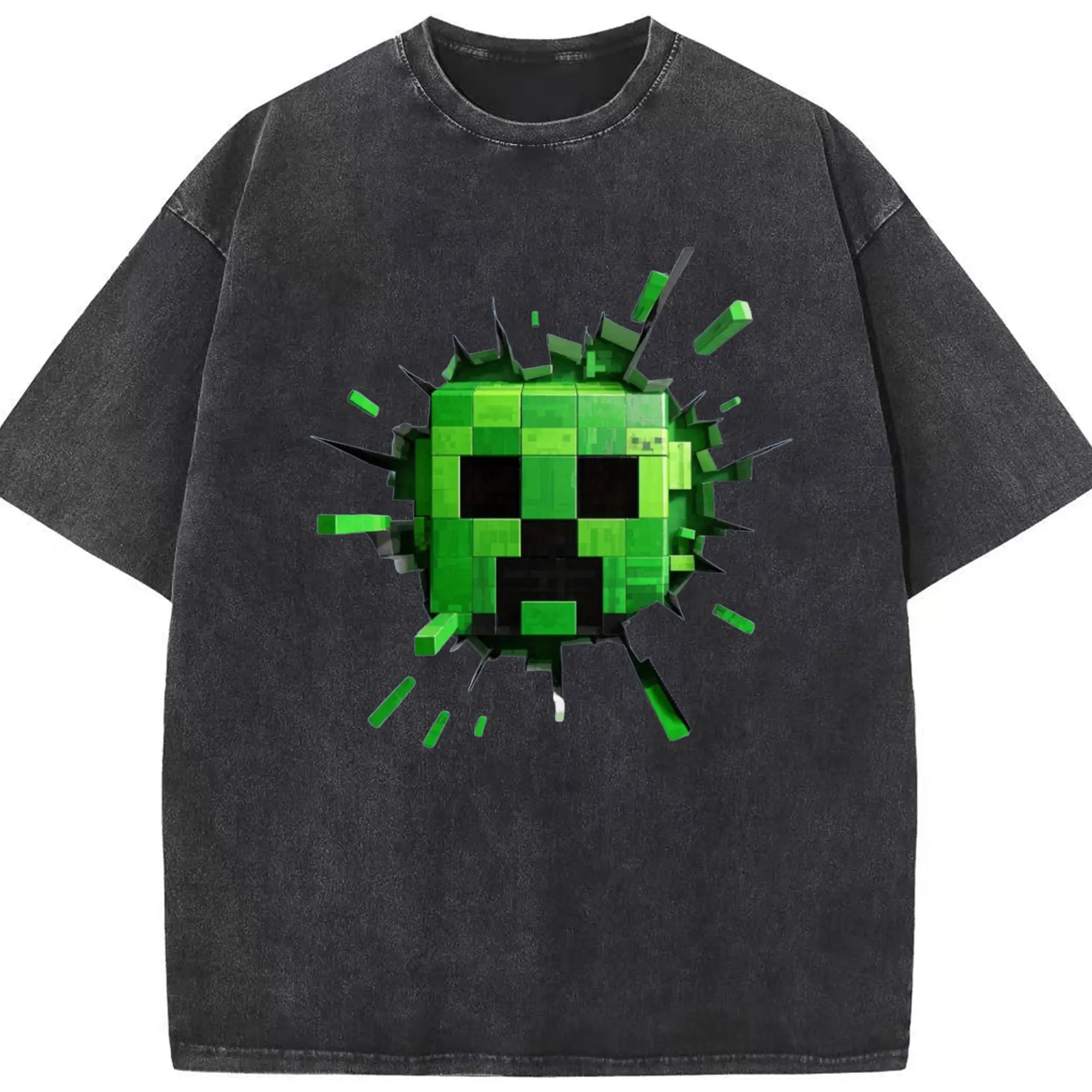 Minecraft Creeper Classic T-Shirt - Washed Vintage Look 230g Cotton Oversized T-Shirt With Front Heat Transfer Print – Soft, Lightweight, Stylish Fit – Comfortable Casual Wear For Sports & Everyday Use