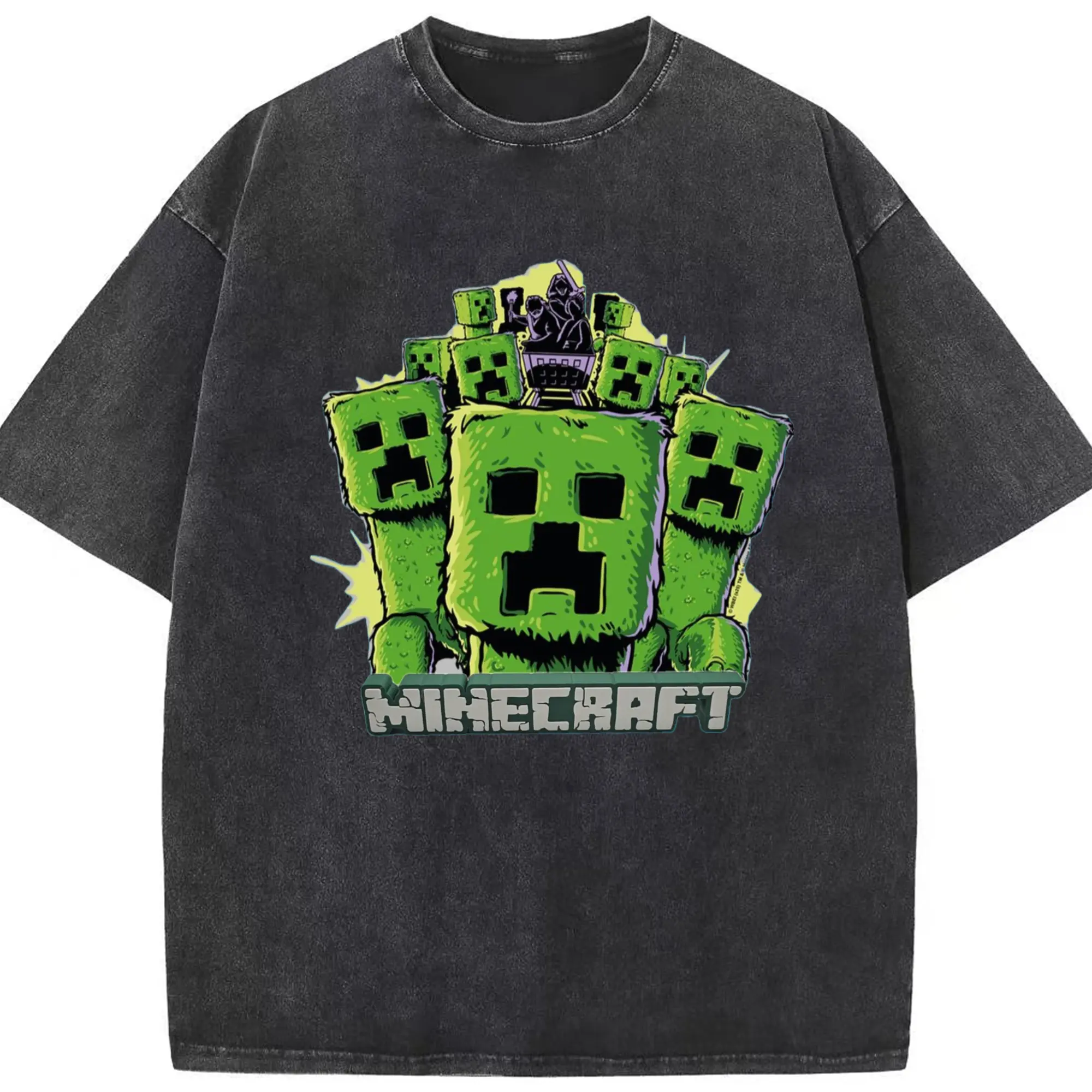 Minecraft Creeper graphic T-Shirt - Washed Vintage Look 230g Cotton Oversized T-Shirt With Front Heat Transfer Print – Soft, Lightweight, Stylish Fit – Comfortable Casual Wear For Sports & Everyday Use