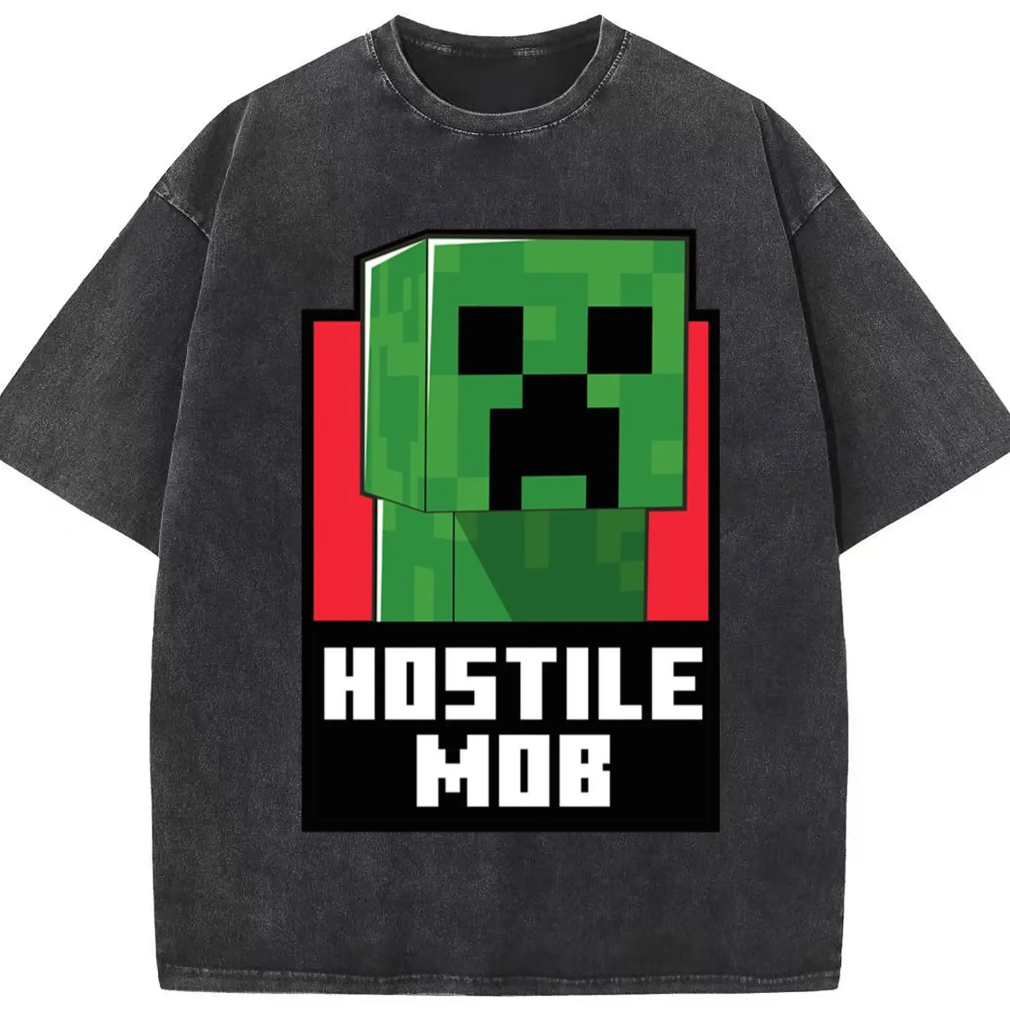 Youth minecraft creeper t shirt - Washed Vintage Look 230g Cotton Oversized T-Shirt With Front Heat Transfer Print – Soft, Lightweight, Stylish Fit – Comfortable Casual Wear For Sports & Everyday Use