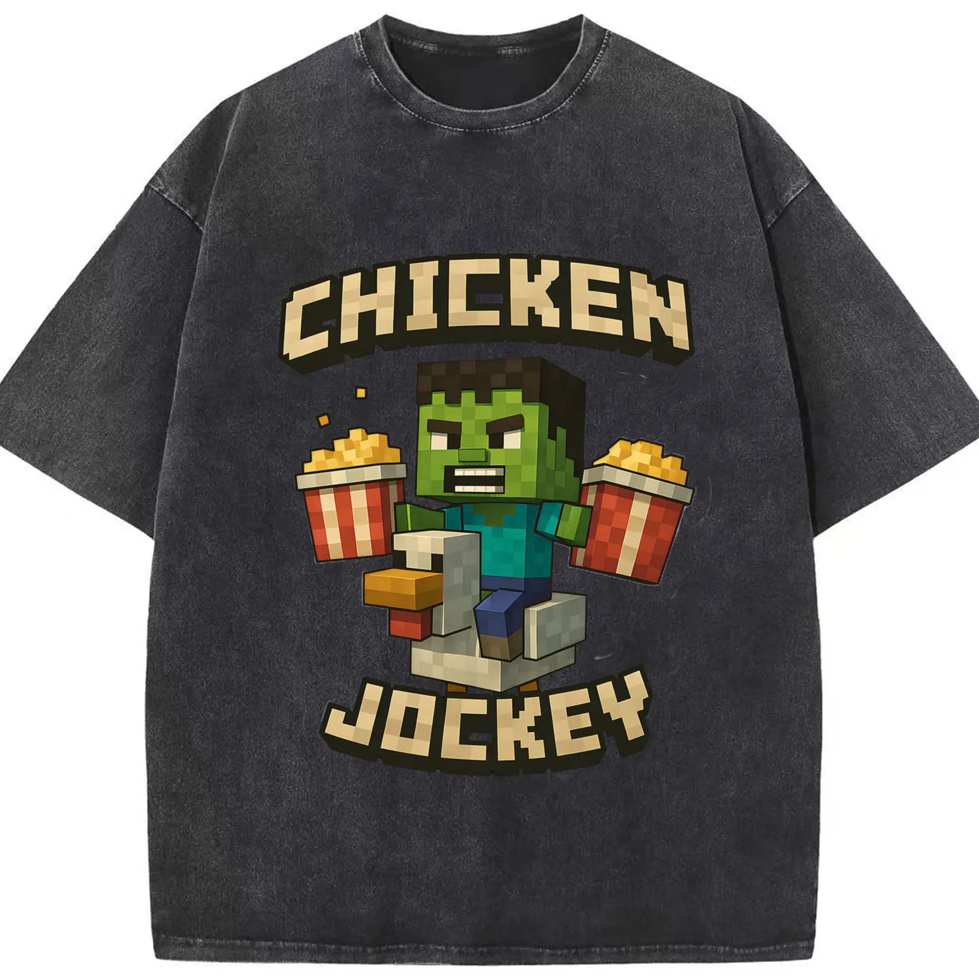 Adult minecraft zombie shirt​ - Washed Vintage Look 230g Cotton Oversized T-Shirt With Front Heat Transfer Print – Soft, Lightweight, Stylish Fit – Comfortable Casual Wear For Sports & Everyday Use