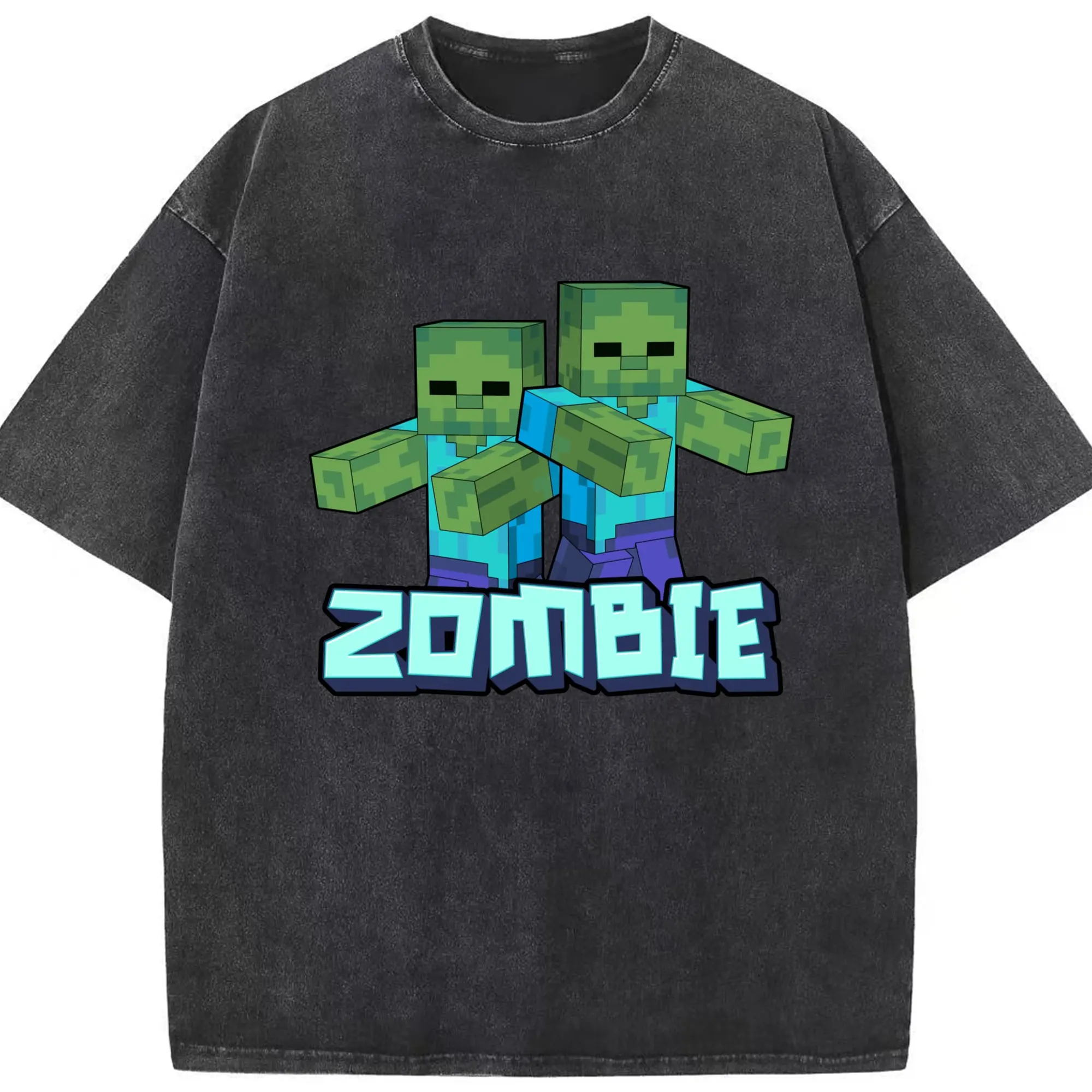 Men's Minecraft Zombies Graphic Tee - Washed Vintage Look 230g Cotton Oversized T-Shirt With Front Heat Transfer Print – Soft, Lightweight, Stylish Fit – Comfortable Casual Wear For Sports & Everyday Use