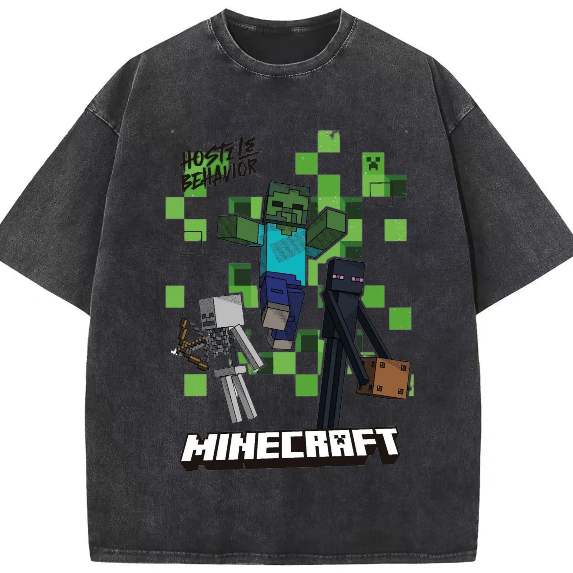Minecraft Zombie Classic T-Shirt - Washed Vintage Look 230g Cotton Oversized T-Shirt With Front Heat Transfer Print – Soft, Lightweight, Stylish Fit – Comfortable Casual Wear For Sports & Everyday Use